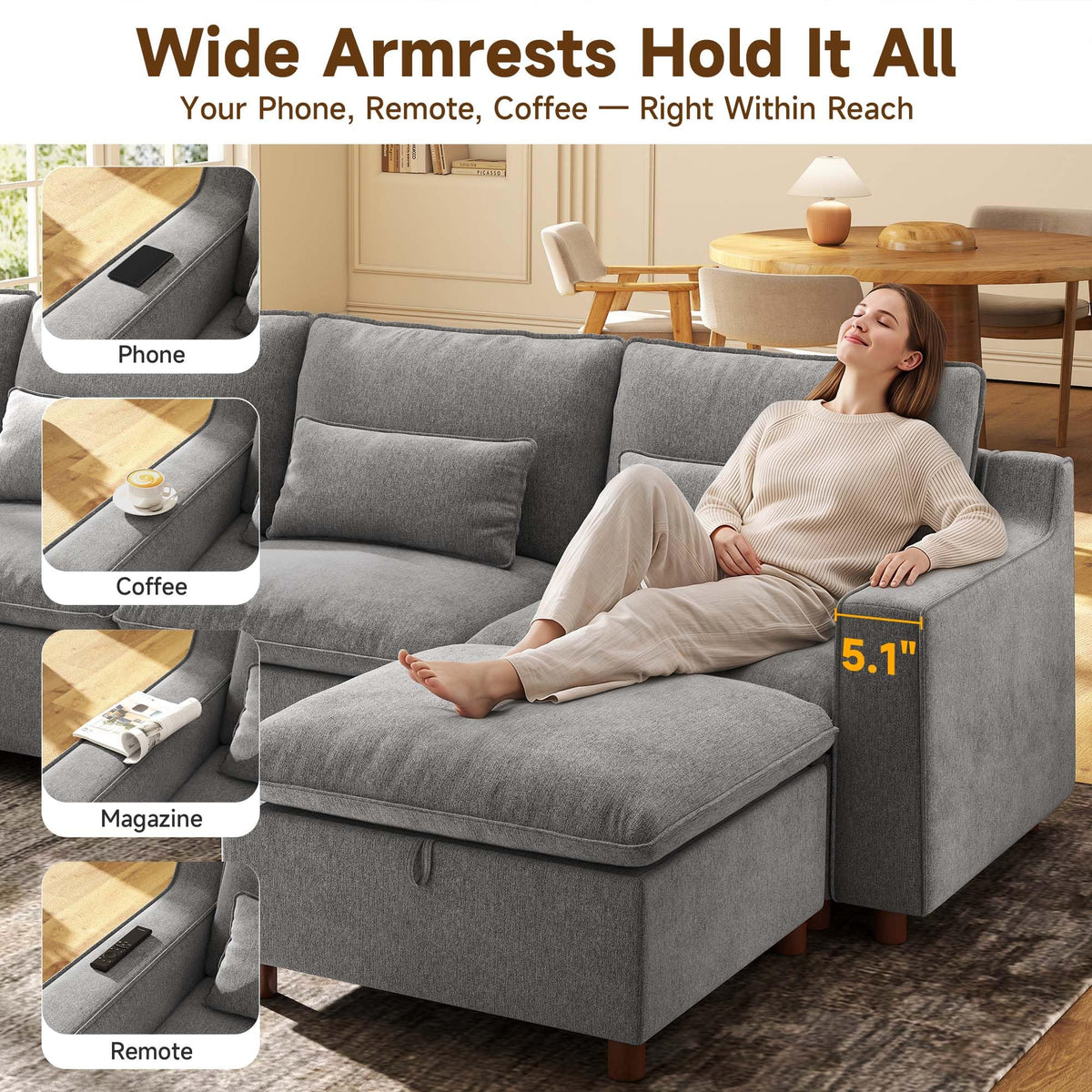 Ihanherry 134" Oversized Modular Sectional Sofa with Storage Ottomans, Chenille Cloud Couch with Deep Seat and Seamless Backrest, Couches for Living Room, Grey