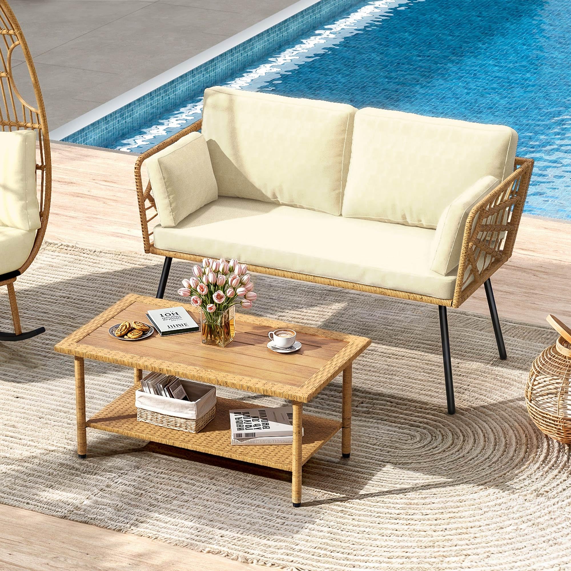 Wicker Rattan Patio Loveseat Set with Cushions & Side Table