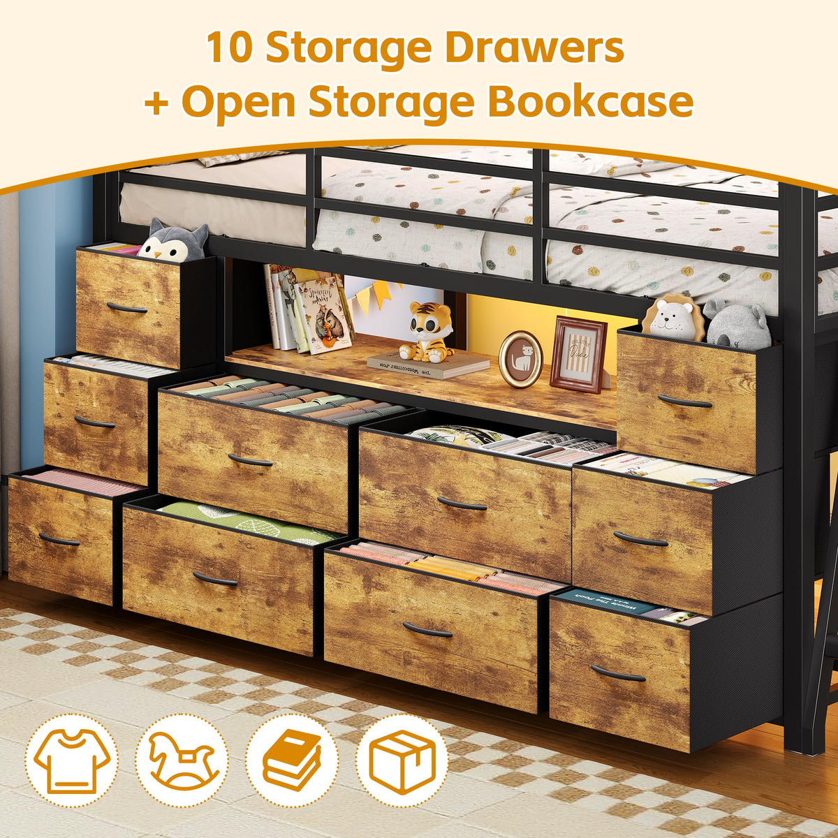 Dnxao Low Loft Bed Twin with 10 Drawers & Climbing Net, Rustic Brown
