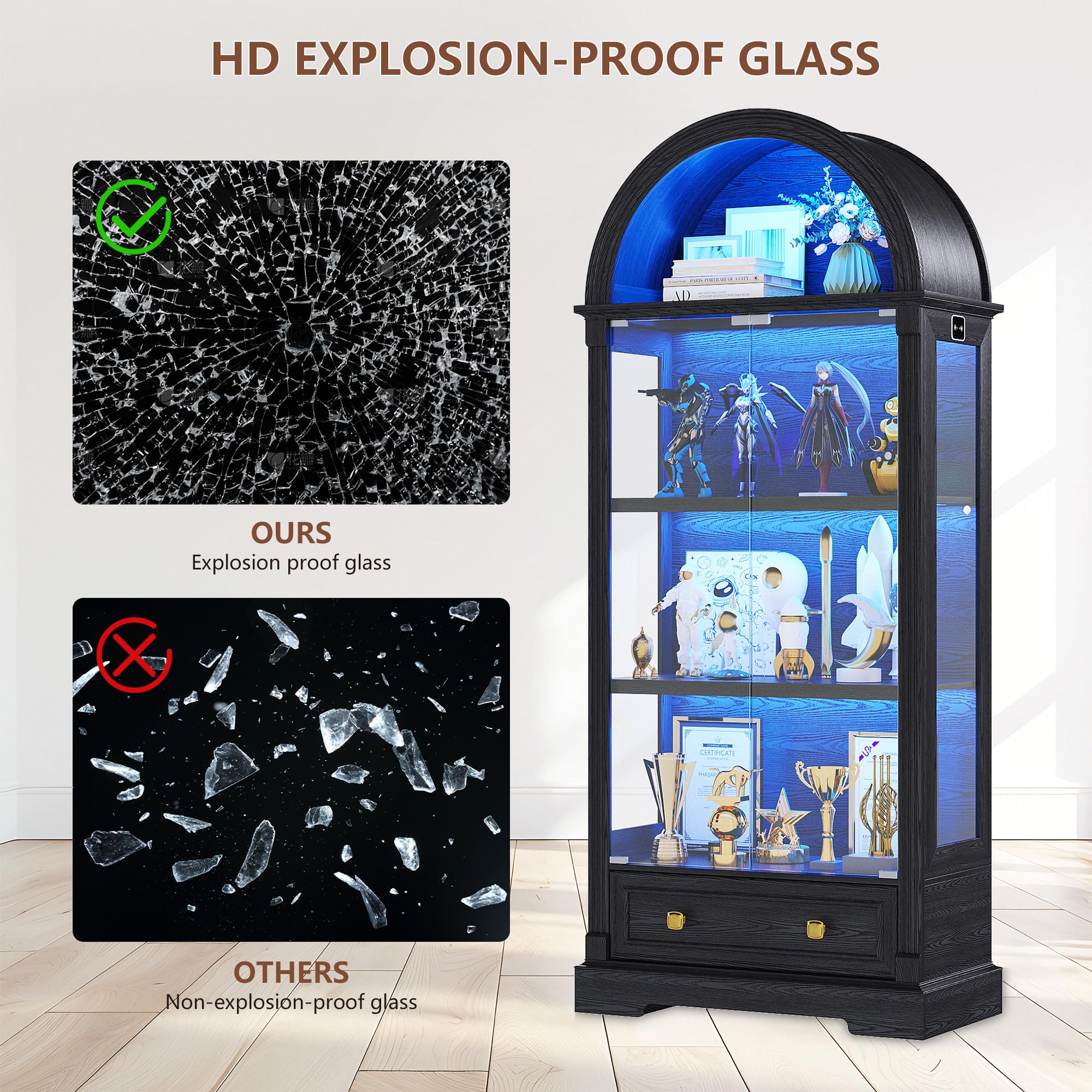 Arched Glass Display Cabinet with LED Motion Sensor Lighting