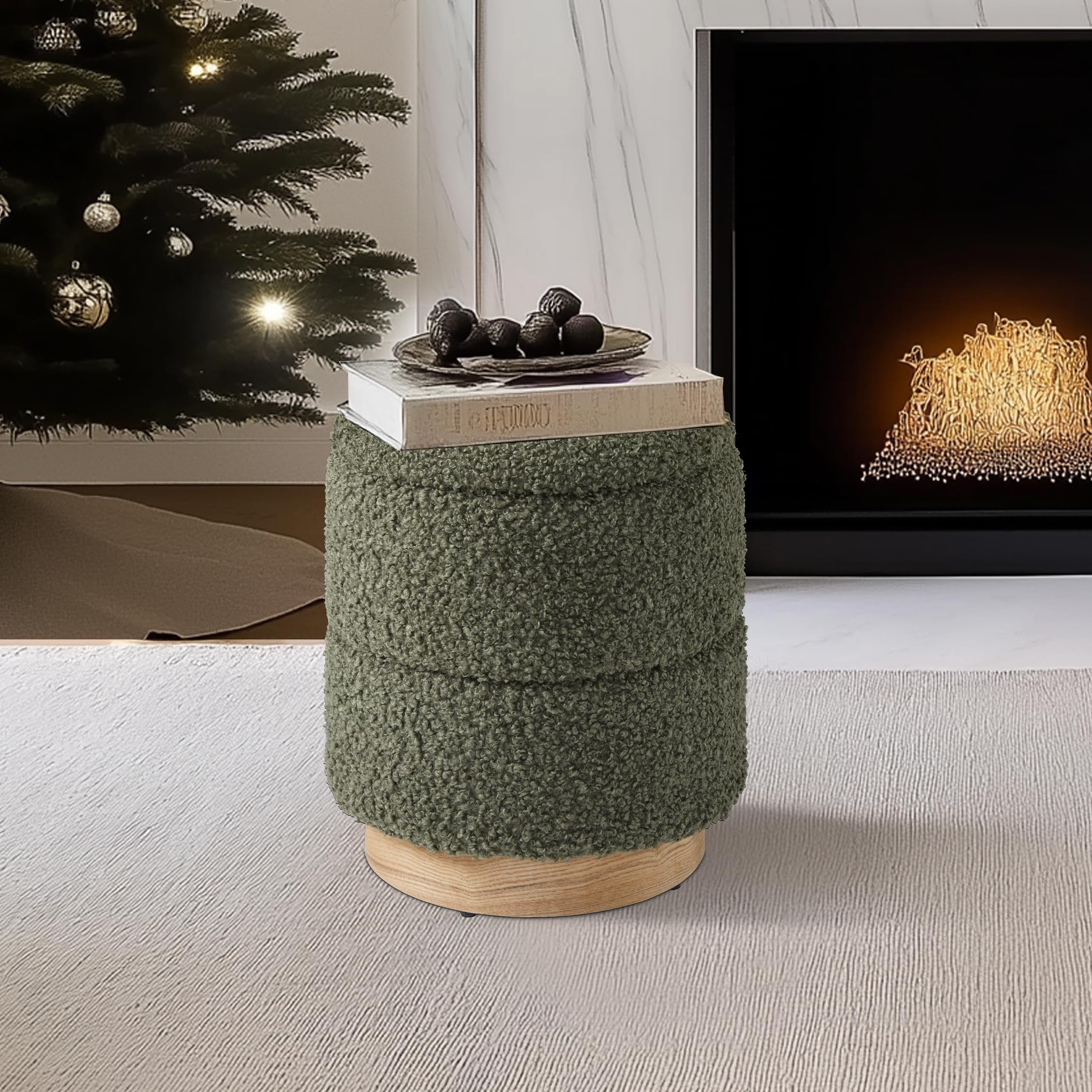Round Storage Ottoman with Boucle Fabric