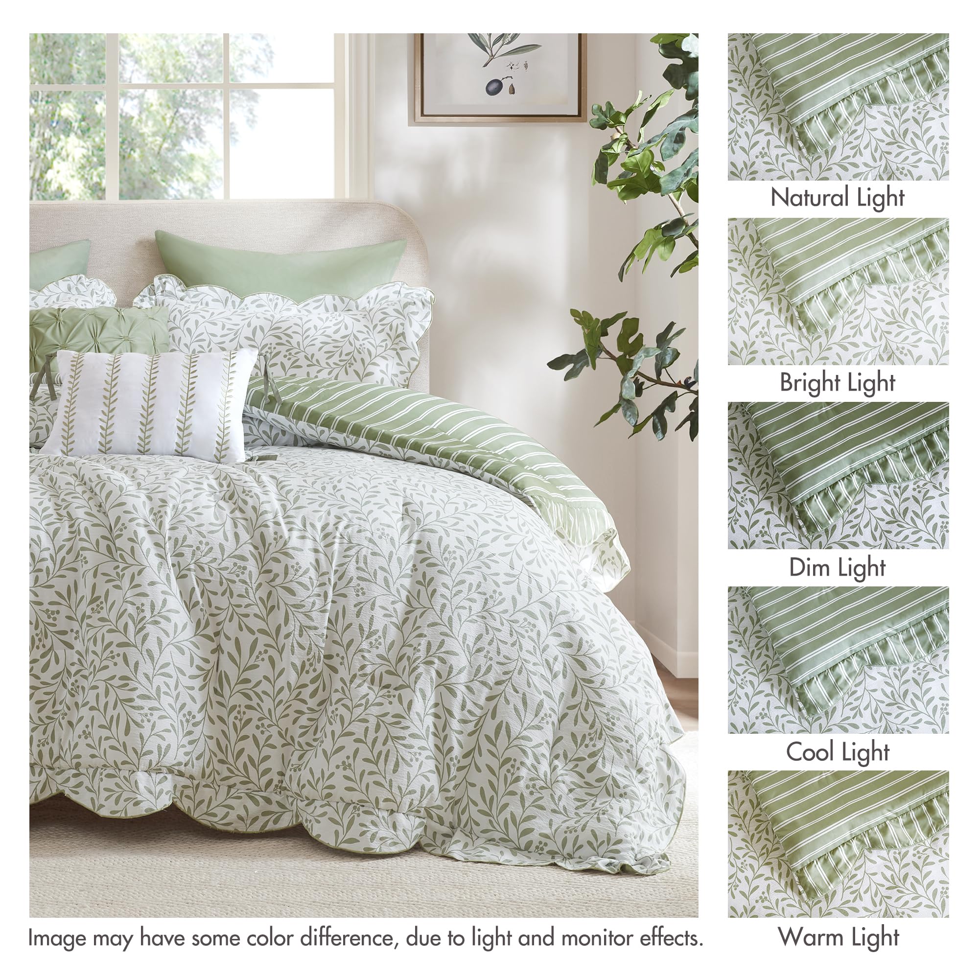 Madison Park 5-Piece Reversible Botanical Comforter Set - Summer Floral Print with Scalloped Edges, Lightweight Bedding with Decorative Pillows, Queen, Market Green