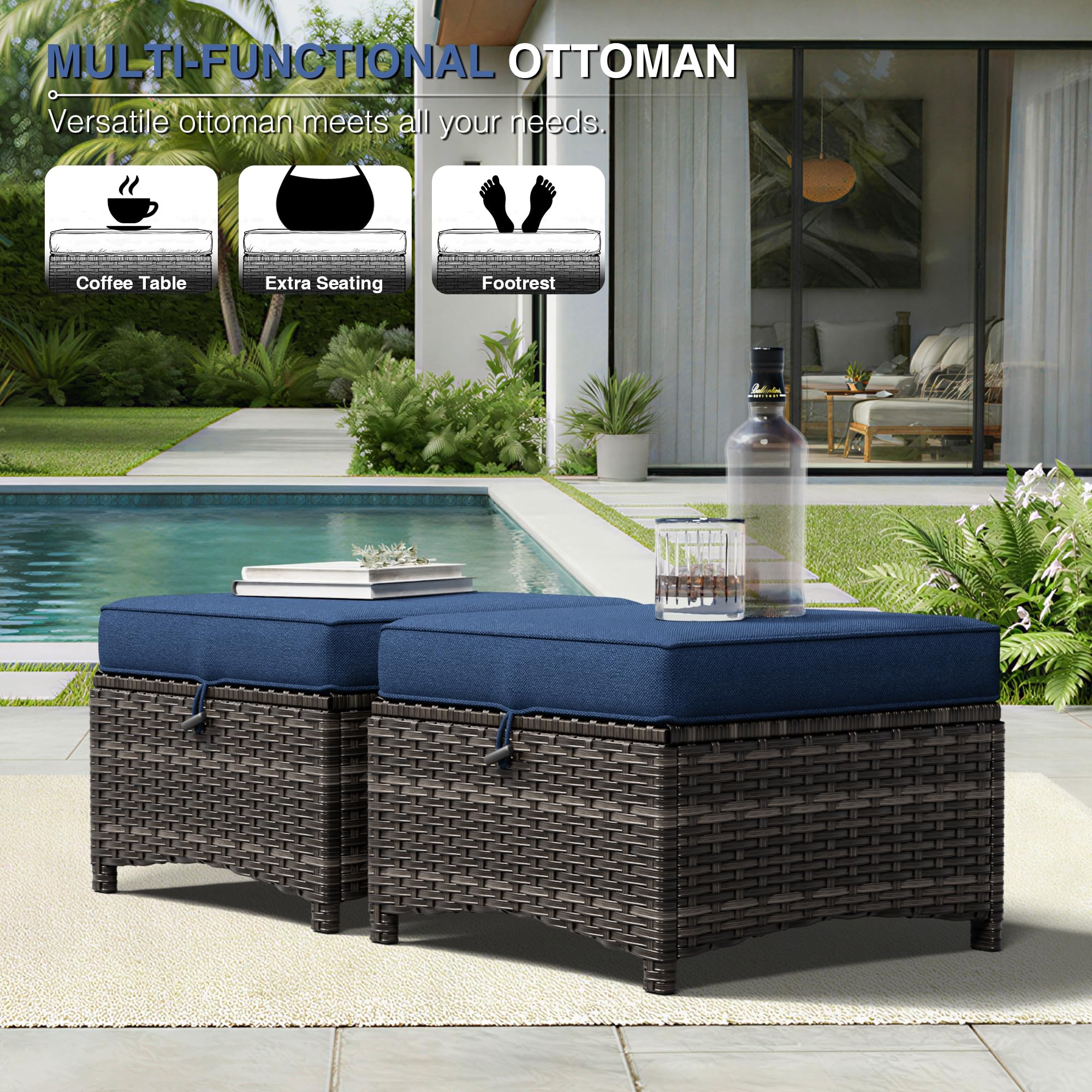 Outdoor Wicker Ottoman Set of 2 with Cushions