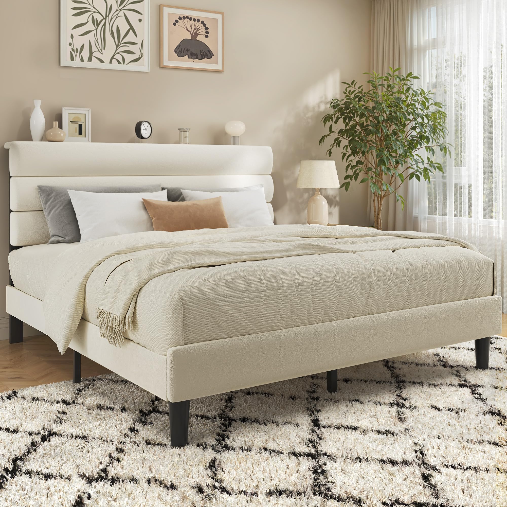 Velvet Upholstered Platform Bed Frame with 3-Panel Headboard