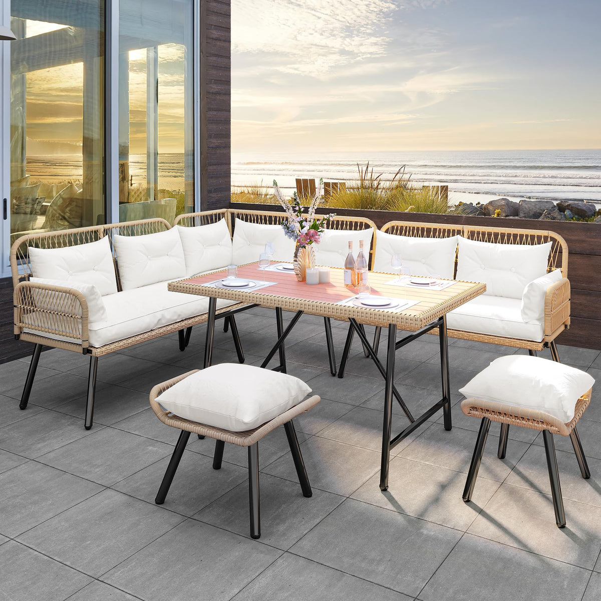 YITAHOME L-Shaped Rattan Patio Furniture Set Light Brown Beige