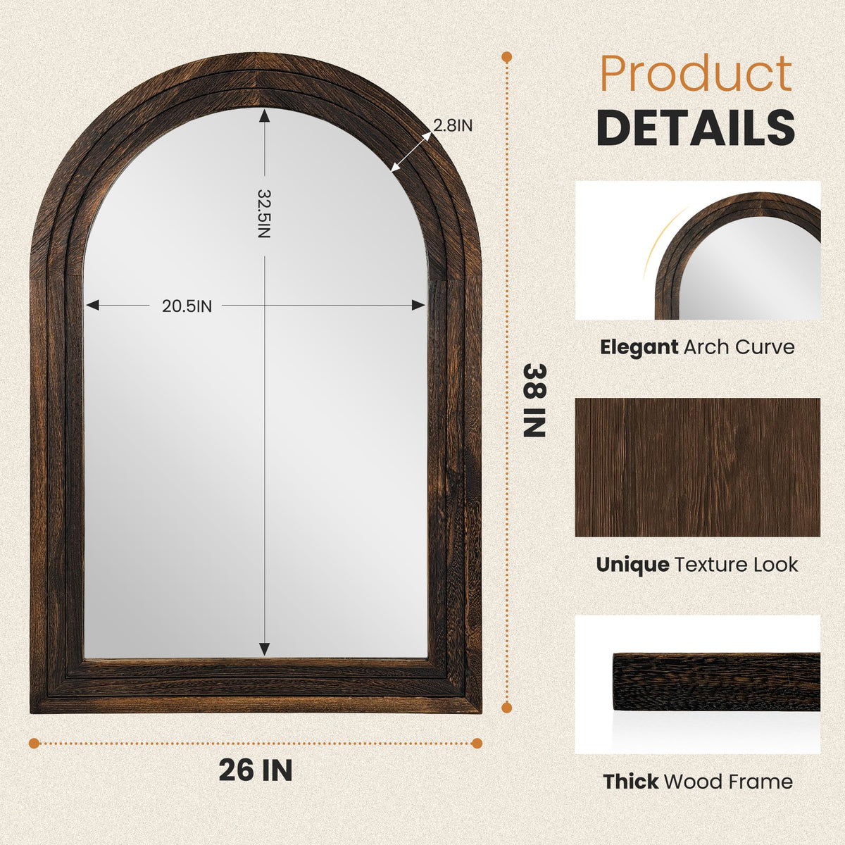 Arched Brown Wood Wall Mirror