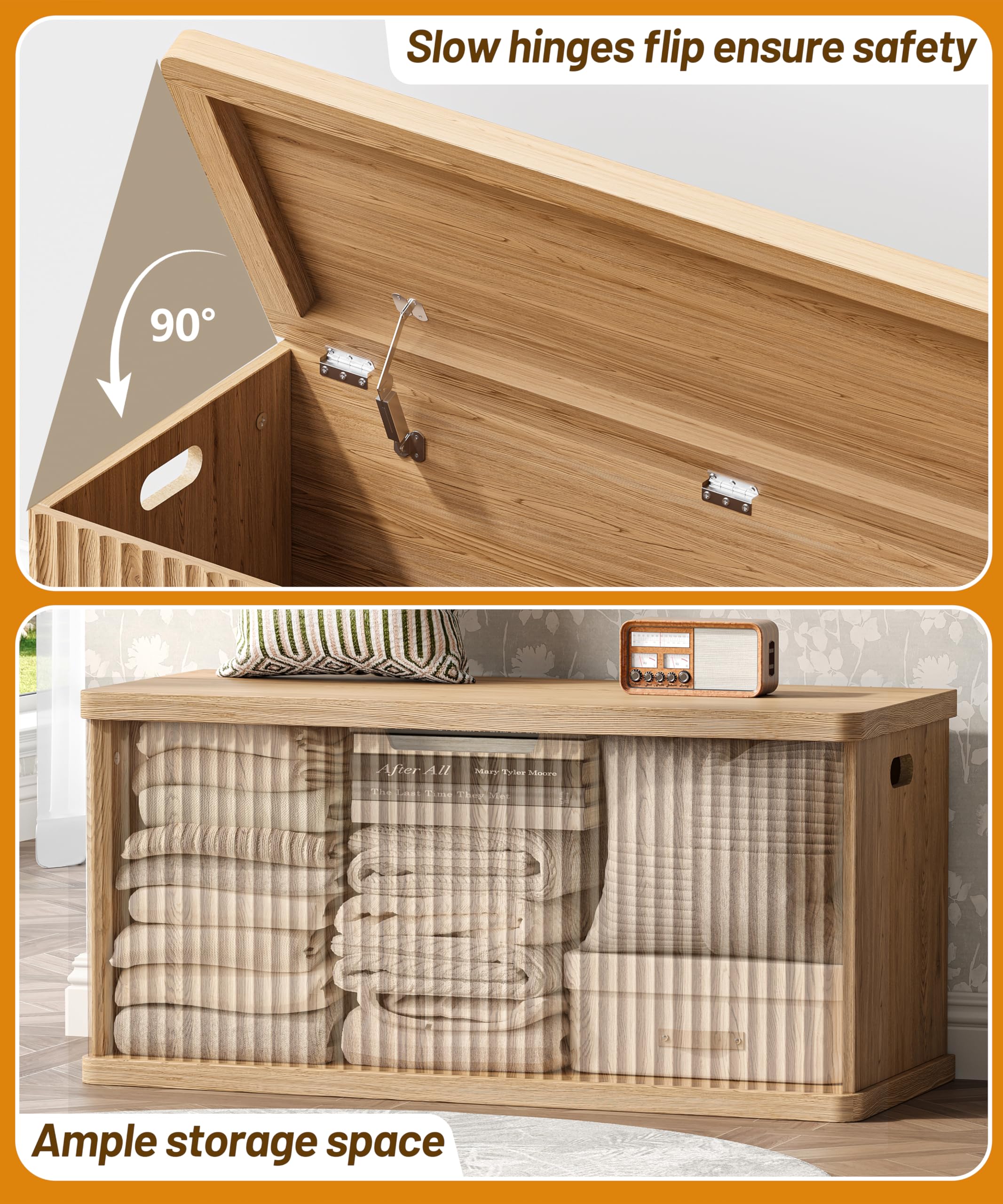 Akxomel Fluted Storage Chest with 2 Safety Hinges, 37.4" Wooden Storage Trunk, Natural Entryway Bench, for Living Room, Bedroom, Curved Profile, Easy Assembly, Natural Oak