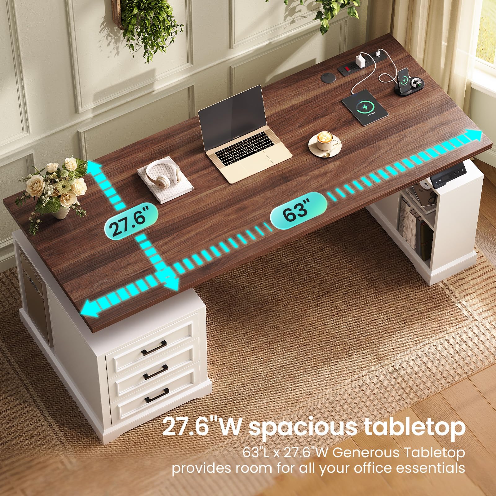 63" Electric Height-Adjustable Standing Desk with Drawers & Power Outlets