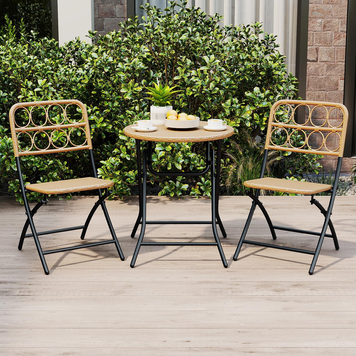 Tangkula 3 Piece Outdoor Folding Bistro Set, PE Rattan Portable Patio Round Dining Table and 2 Chairs with Sturdy Metal Frame for Porch, Garden, Backyard, Balcony