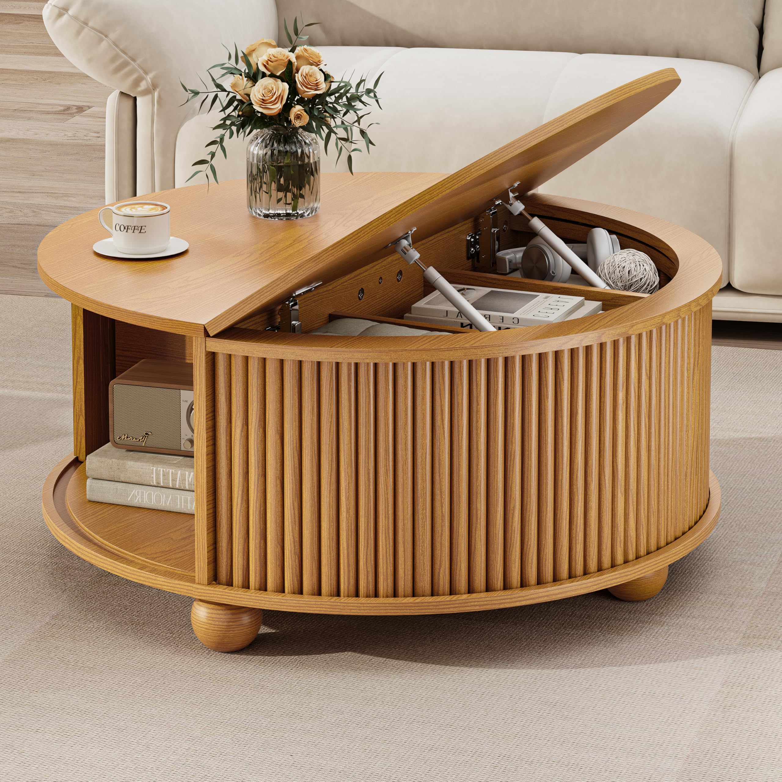 DHH Fluted Round Coffee Tables,31.5" Mid Century Modern Circle Drum Table with Storage, Accent Coffee Table with Sliding Cabinet Door for Living Room Small Space (Yellow Oak)