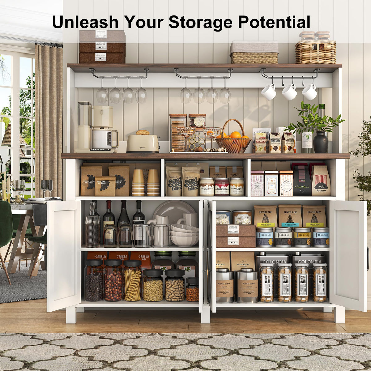 knoworld Buffet Sideboard with Storage Hutch with Power Outlet 4 Doors, Large Farmhouse Kitchen Storage Cabinet Wood Coffee Bar Cabinet with Cup Holder & Hooks for Kitchen, Dining Room,55"W White Rack