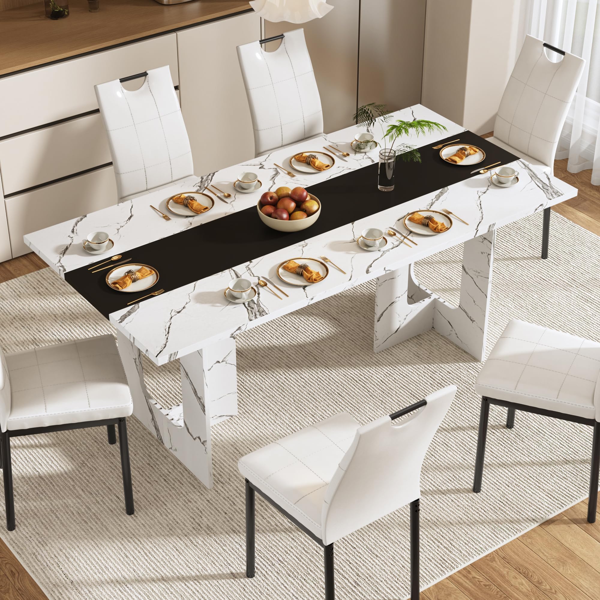 St.Mandyu 7 Pieces Dining Table & Chairs Set for 4-8 People, 71 Inch Kitchen Table with 6 Chairs, Rectangle Dining Table with Wooden Legs for Dining Room, Living Room, White