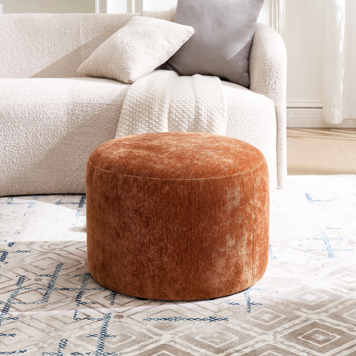 Scingu Upholstered Round Pouf Ottoman Set of 2, Orange-Brown Footstools