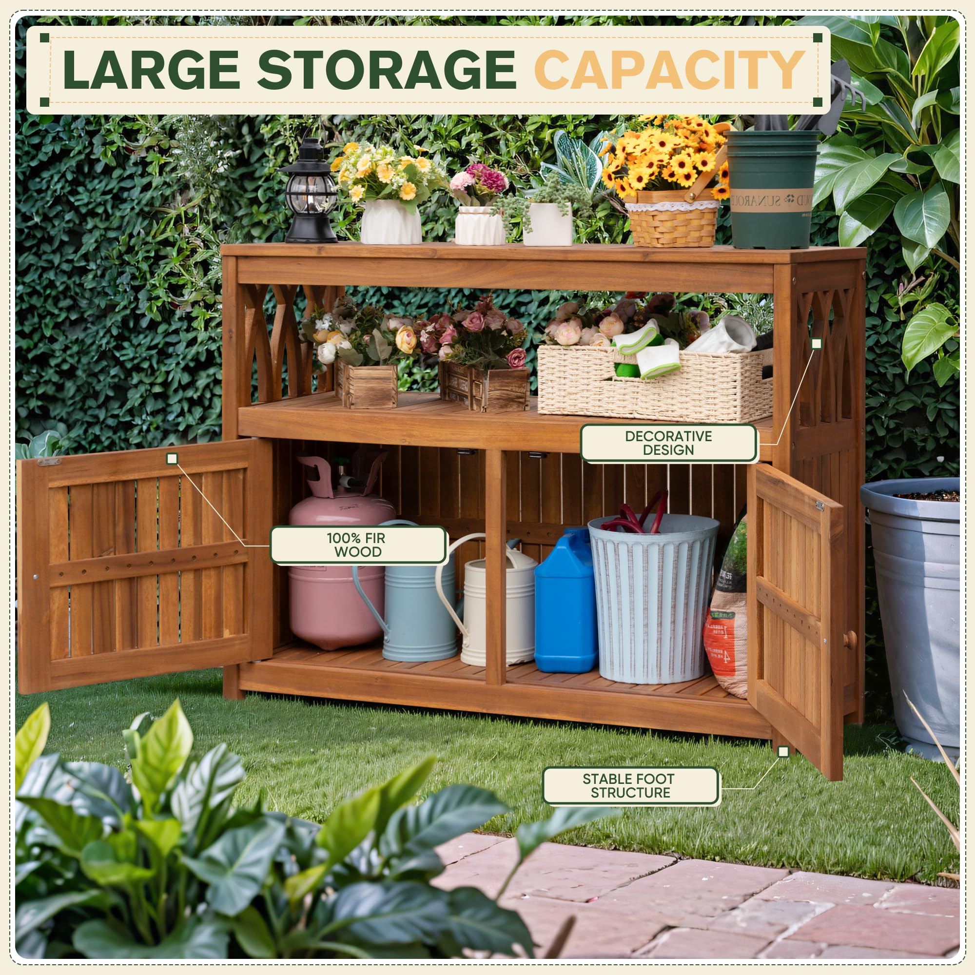 2-Tier Acacia Wood Outdoor Storage Cabinet with Magnetic Doors