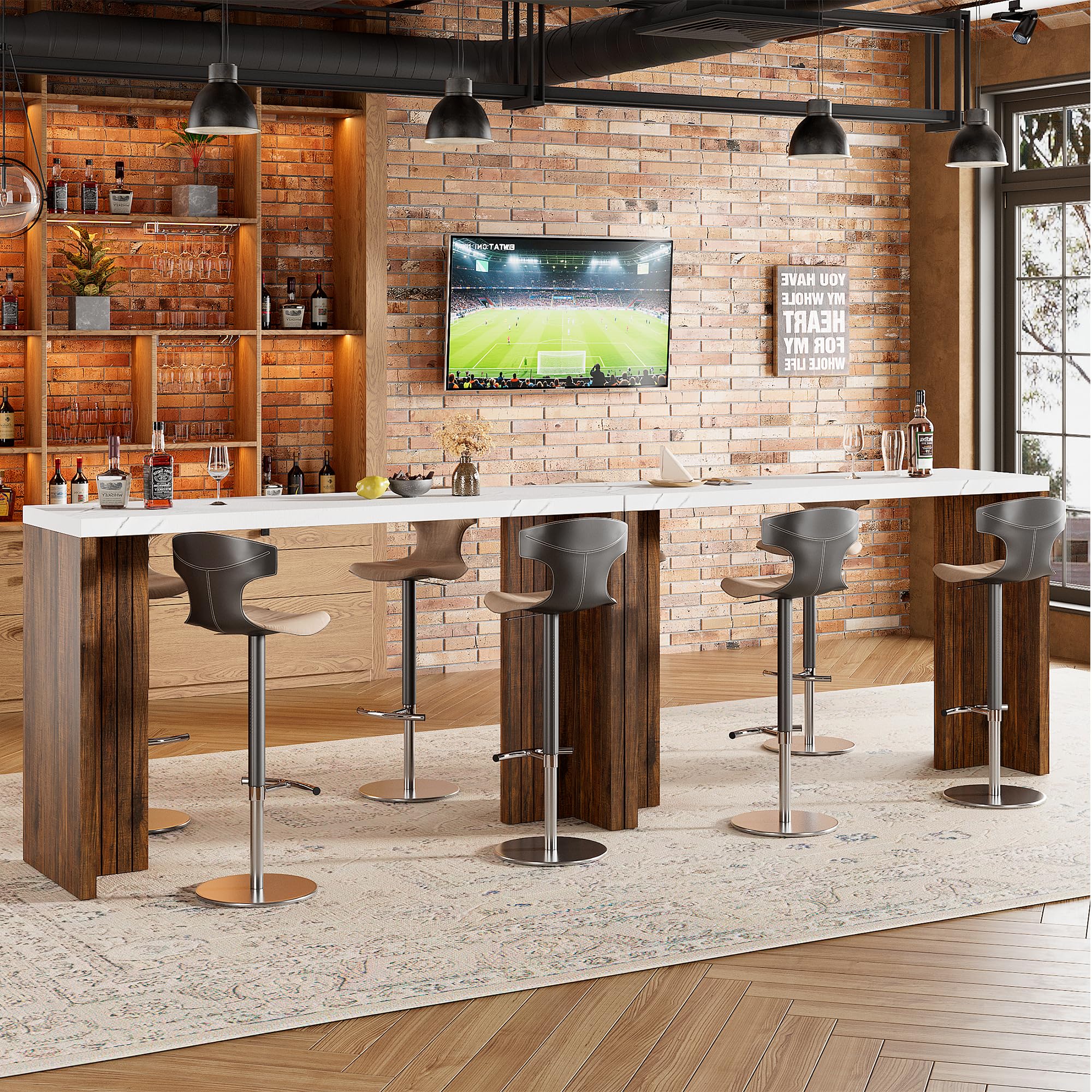 Bar Table for 4-6 People - 55” Long Counter Height Pub with Extra Thickened Tabletop, Modern Rectangular Home Bar Coffee Unit for Kitchen, Dining Room, Balcony, Living Room, Basement, White+Walnut