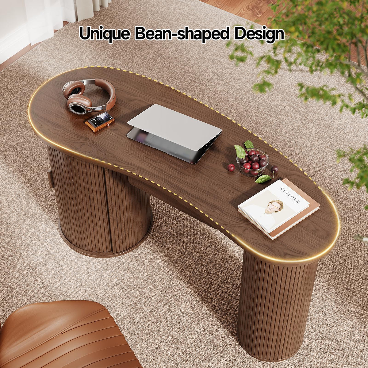 ONBRILL 59 Inches Home Office Desk with Storage, Fluted Corner Desk, Walnut