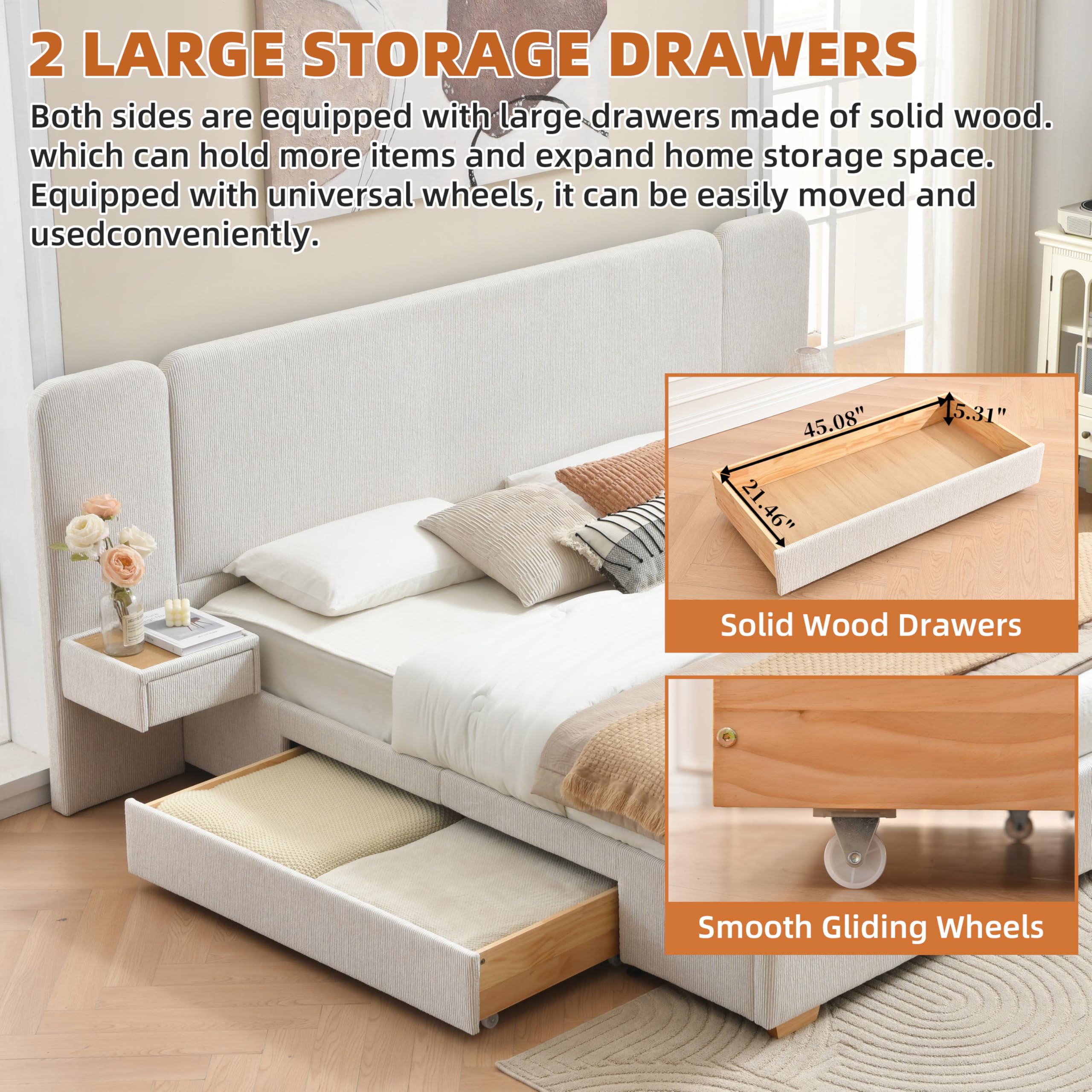 Platform Bed Frame with Nightstands & Storage Drawers