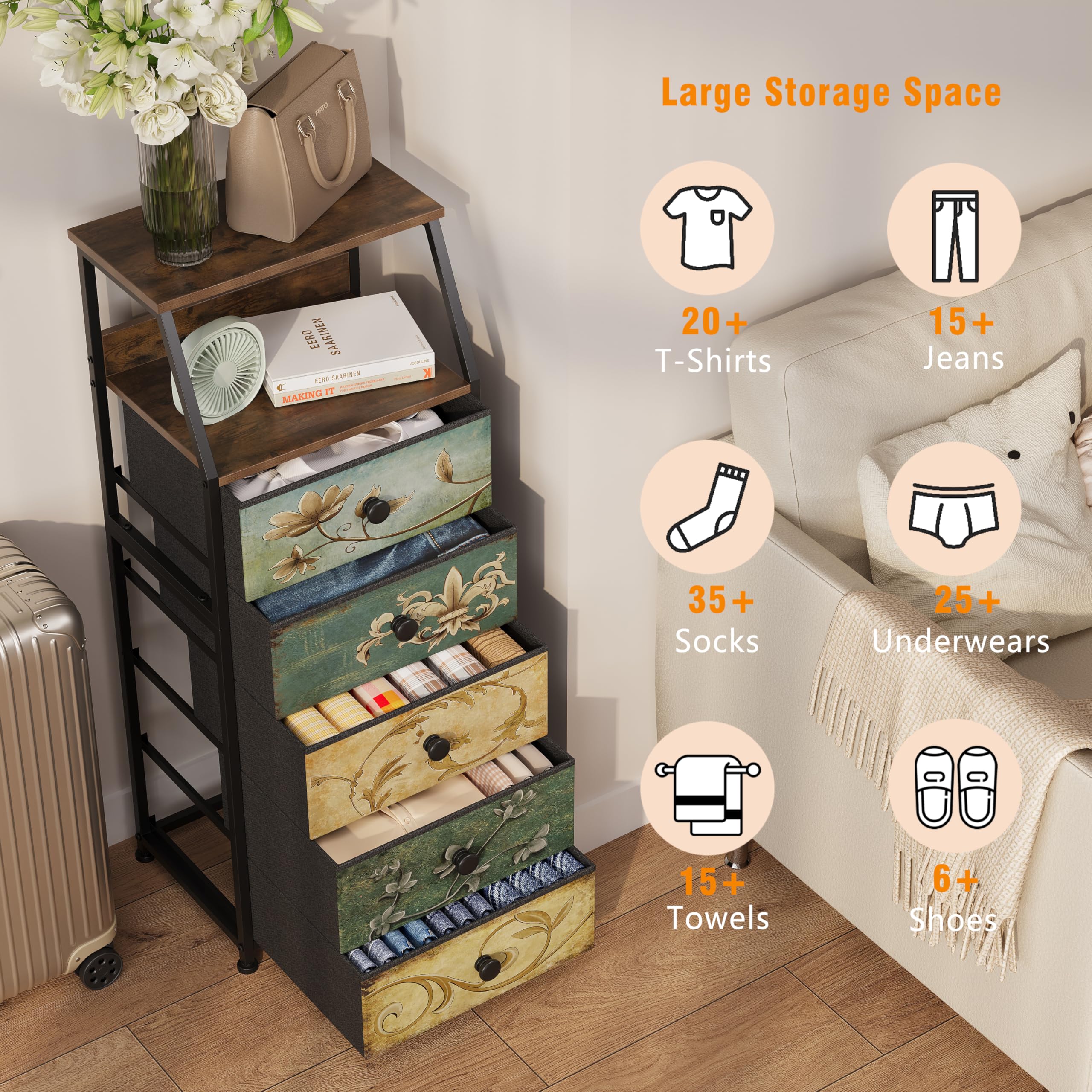 Fabric Dresser with Drawers & 2-Tier Shelf