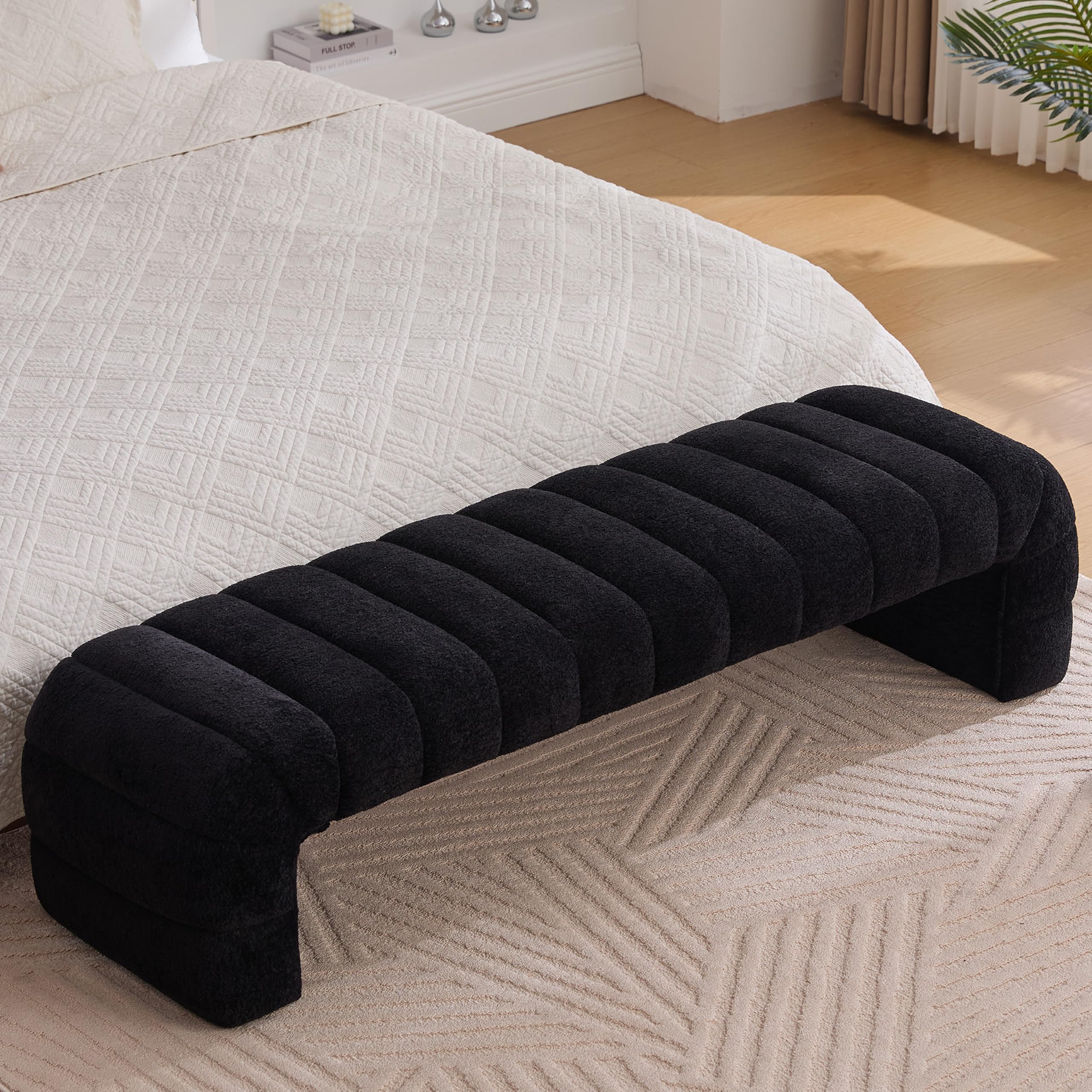 OIKIIWOO Arched Ottoman Bench for Bedroom Living Room,69.7" Chenille Long Benches for Bed End King Size,Modern Channel Tufted Seating Bench for Entryway,Window,Bedside (Black, 69.7")