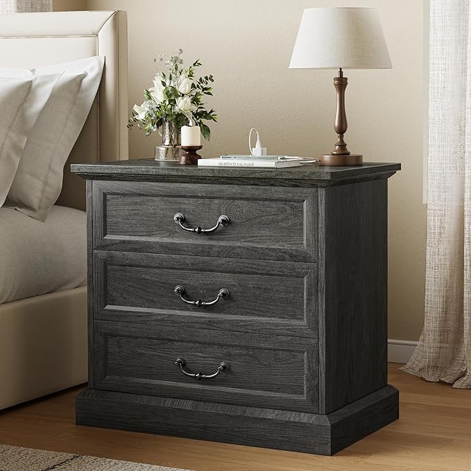 Farmhouse Nightstand with Charging Station & 3 Drawers