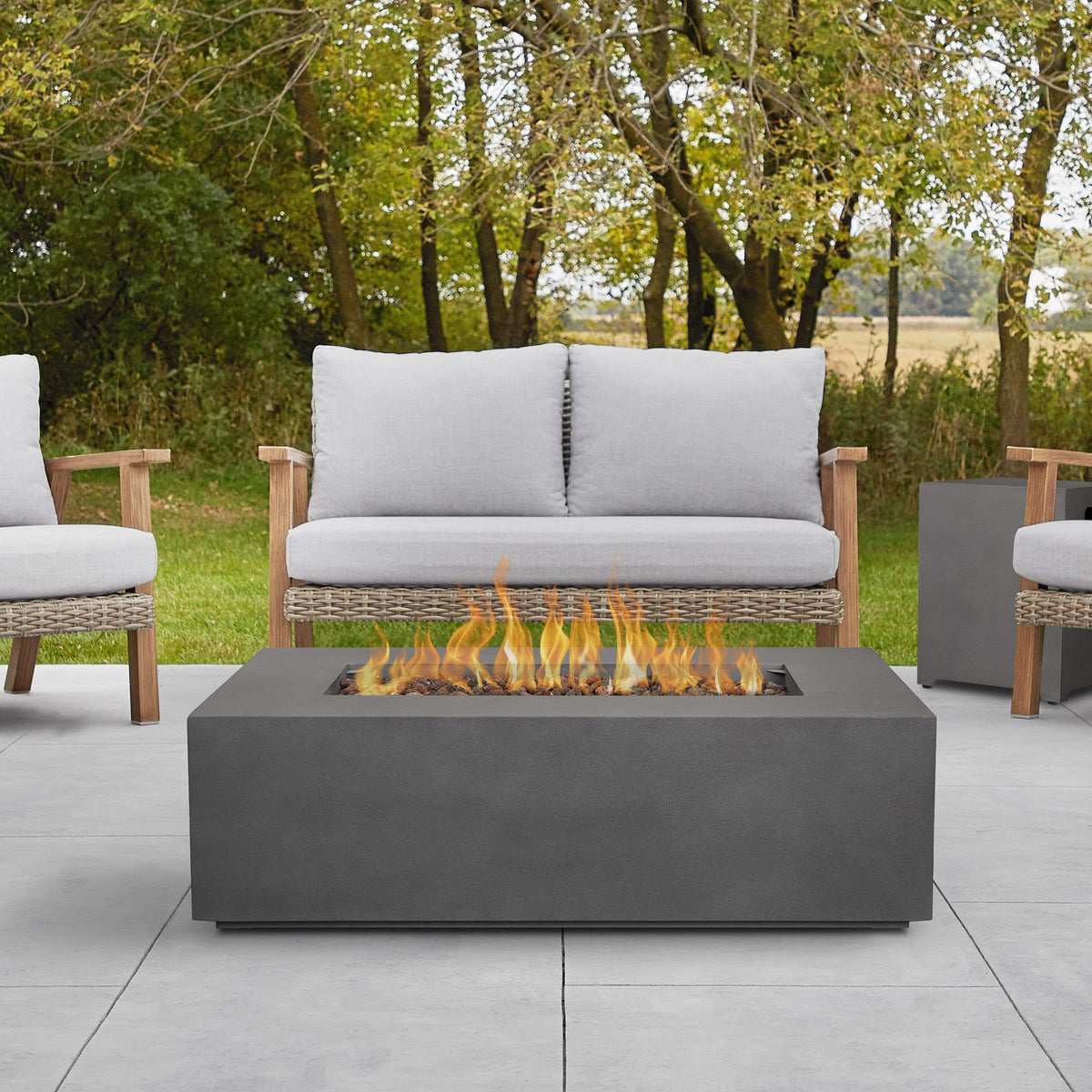 Real Flame Aegean 42in Rectangle Propane or Natural Gas Fire Pit Table, 50,000 BTU, Powder-Coated Steel, Push-Button Ignition, Lava Rock, Storage Cover, Stainless Steel Burner - Weathered Slate