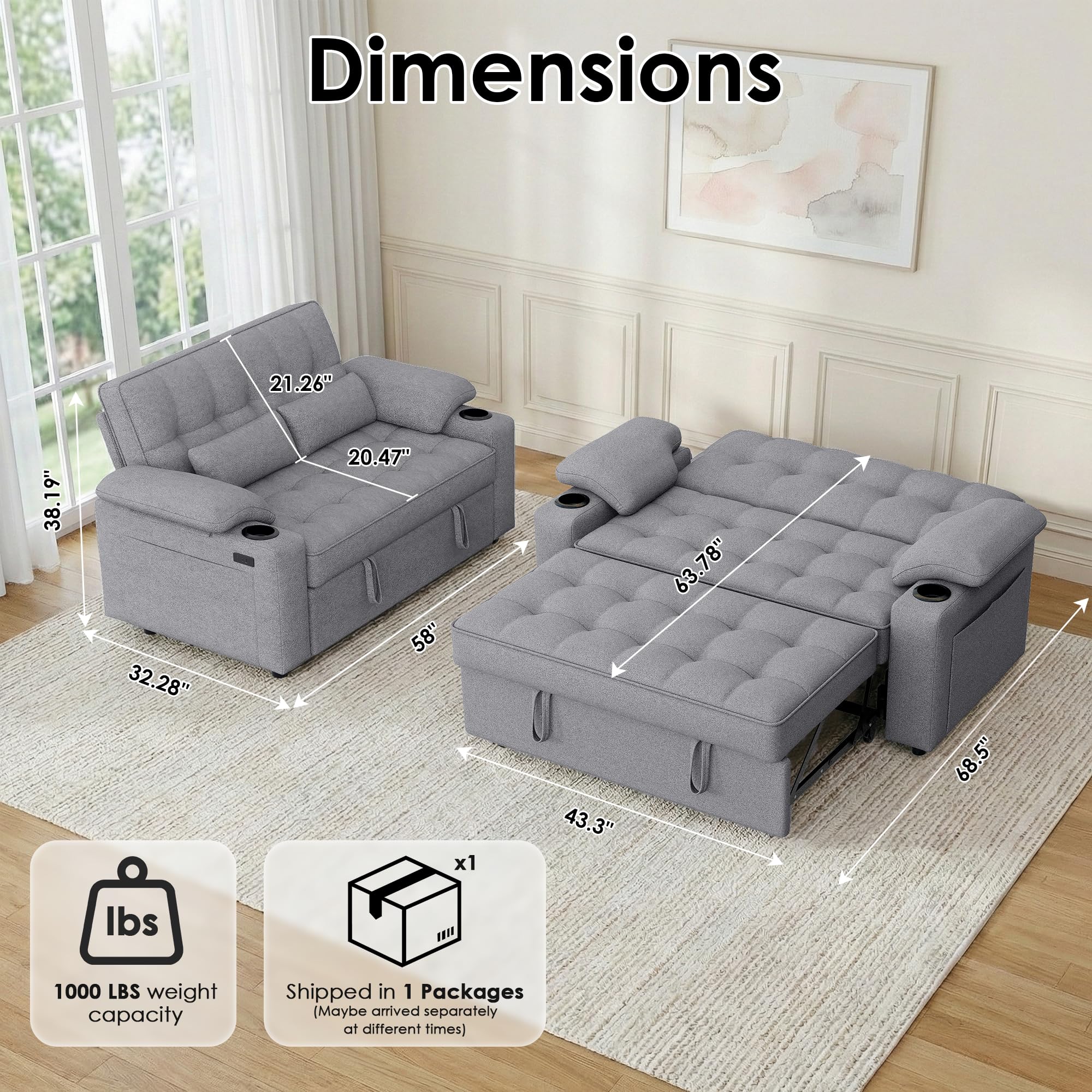 58" Convertible Loveseat Sofa Bed with USB Charger & Cup Holders