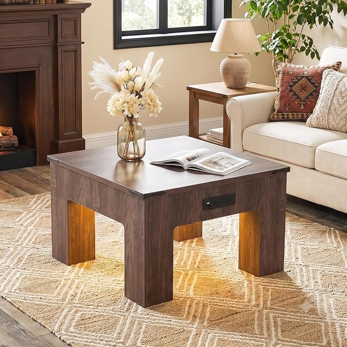 Square LED Coffee Table with Charging Station, Natural