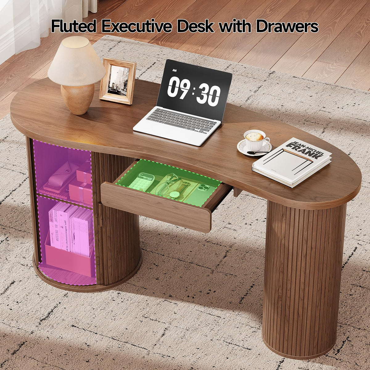 ONBRILL 59 Inches Home Office Desk with Storage, Fluted Corner Desk, Walnut