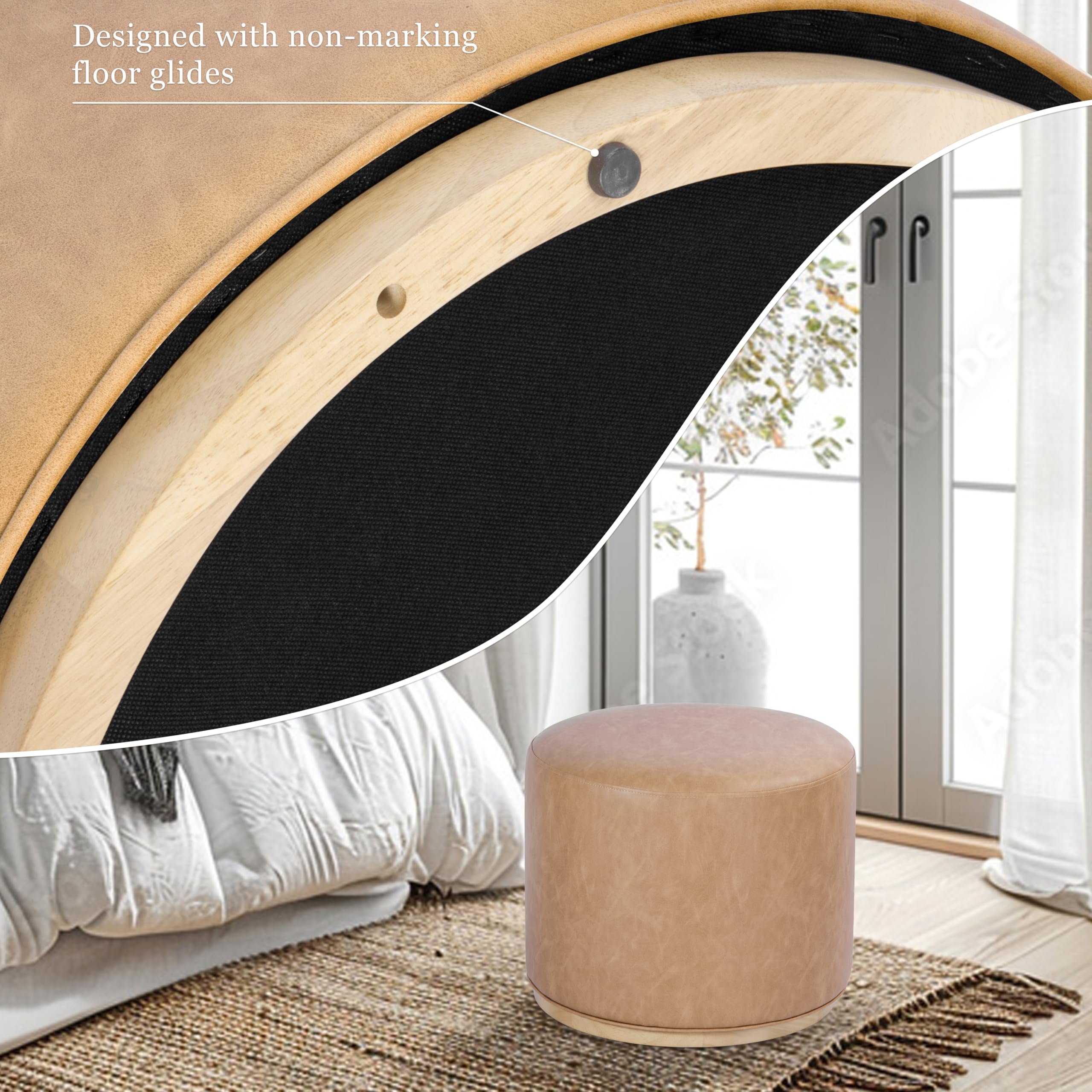 Spatial Order Faux Leather Ottoman with Wooden Base – 22” Round Upholstered Footrest, Sand Faux Leather, Modern Accent Stool for Living Room & Bedroom