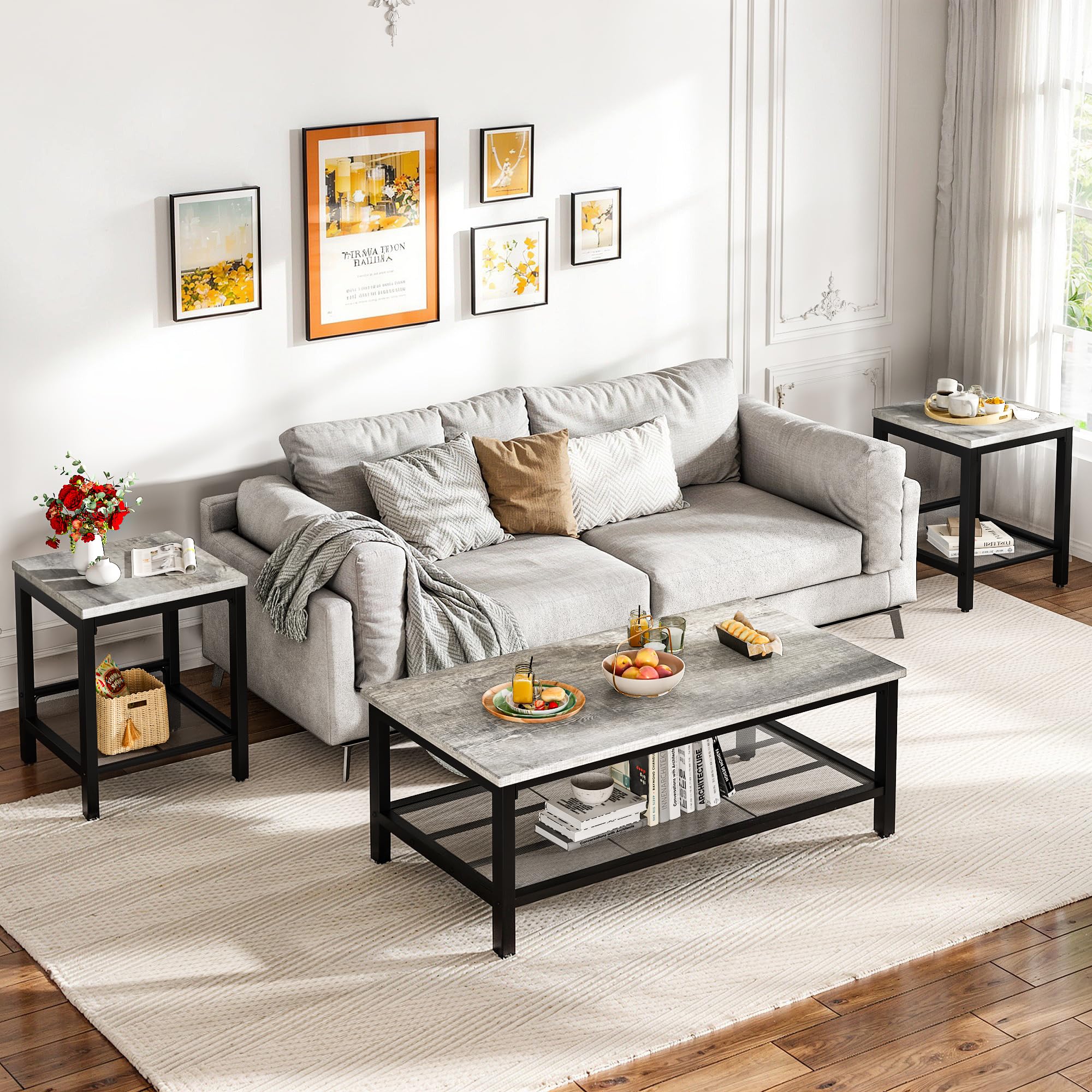 Industrial 3-Piece Coffee Table Set with 2 End Tables