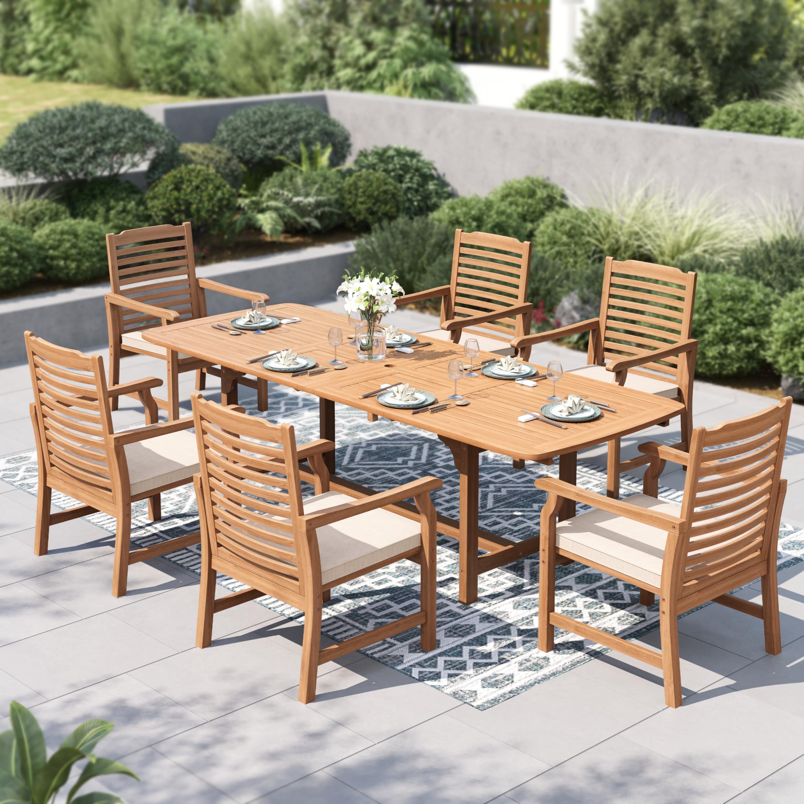 PHI VILLA Outdoor Acacia Wood Dining Table for 6-8, Large Extendable Rectangular Teak Table with Umbrella Hole, Farmhouse Outside Furniture for Patio, Deck, Porch, Yard