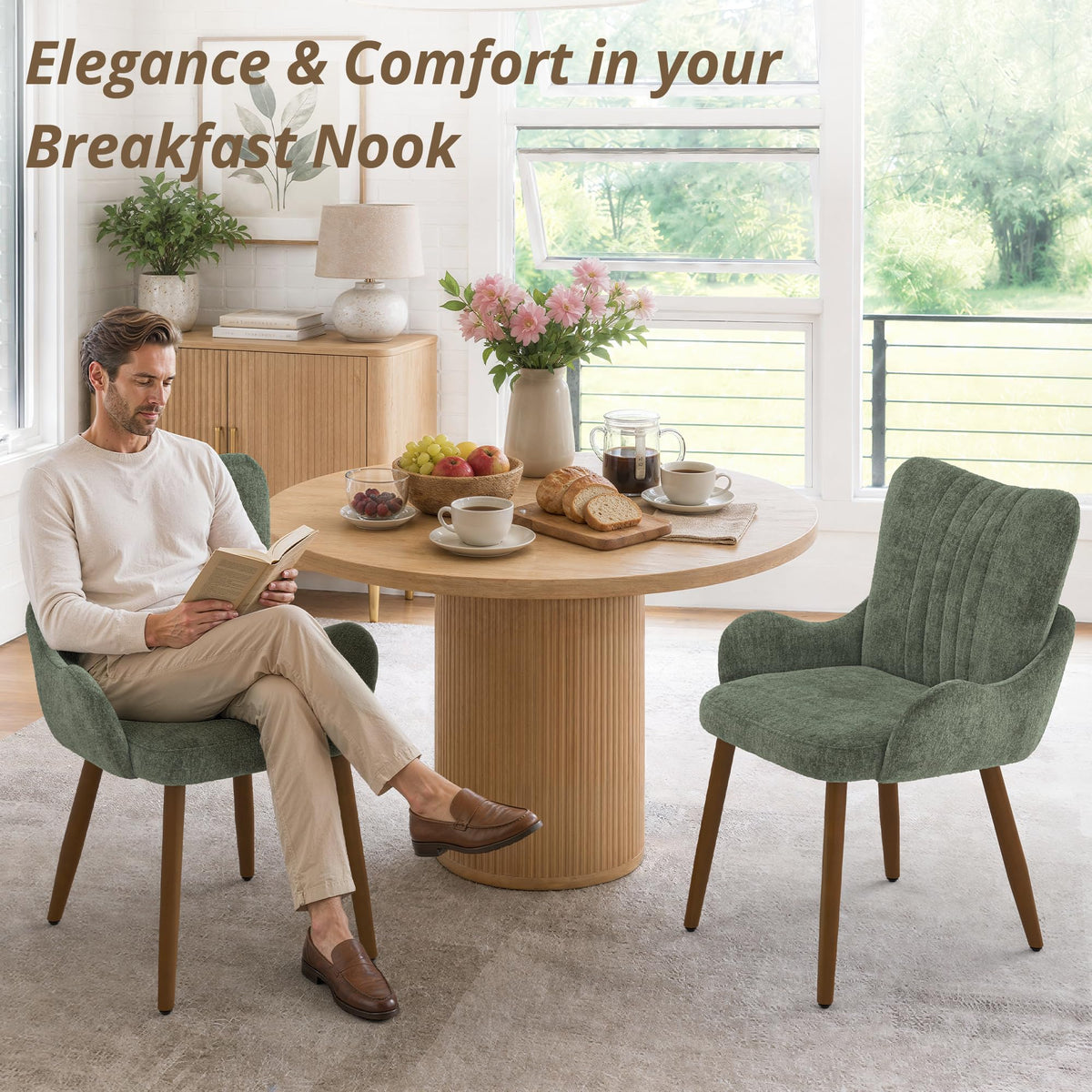 LUE BONA Wingback Upholstered Dining Chair with Arms, Green