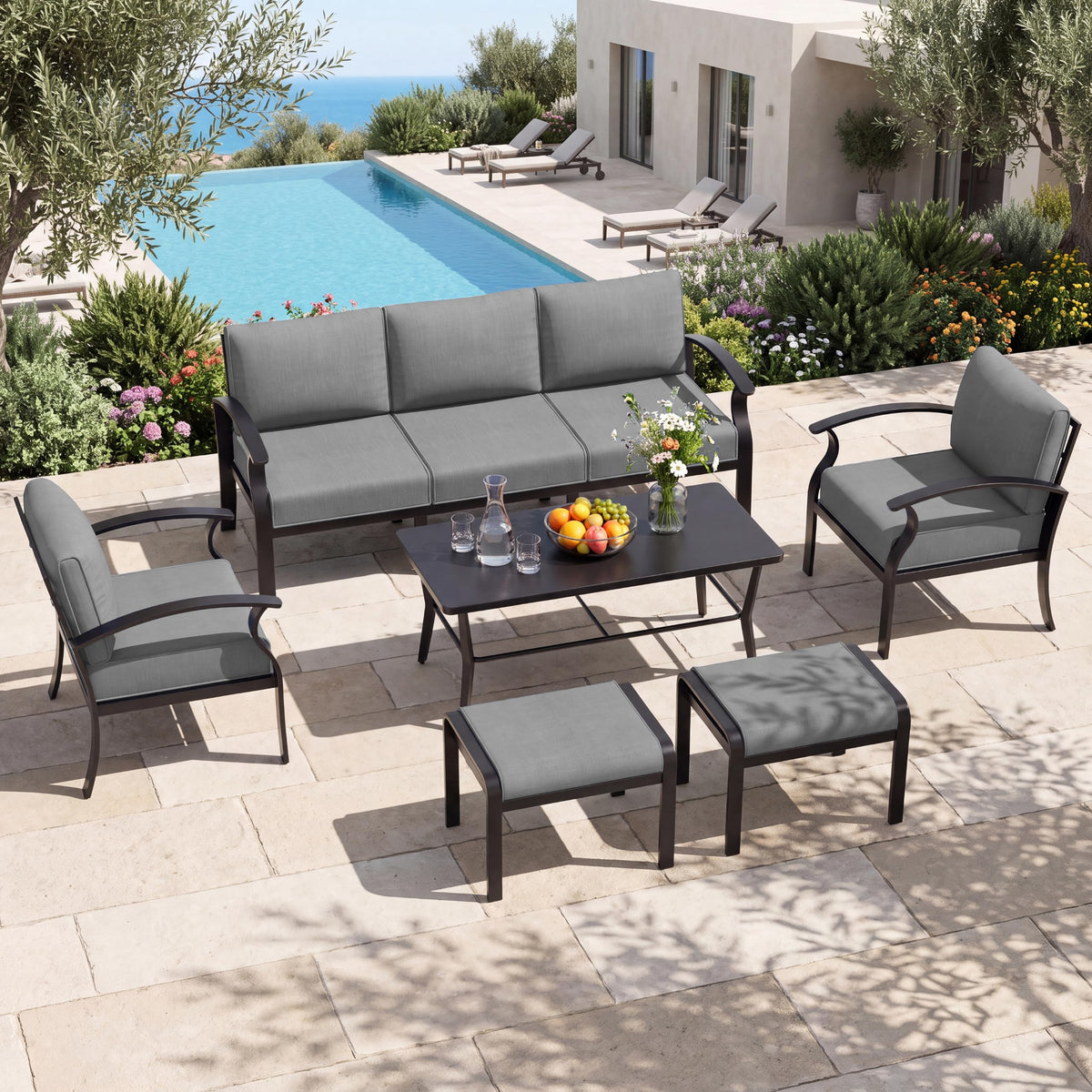 ASJMR 2 Pieces Patio Ottomans, Aluminum Outdoor Ottoman with Removable Cushion, Oversized Outdoor Footstools, Additional Seating, Side Table, Multipurpose Outdoor Footrests for Balcony, Garden, Grey