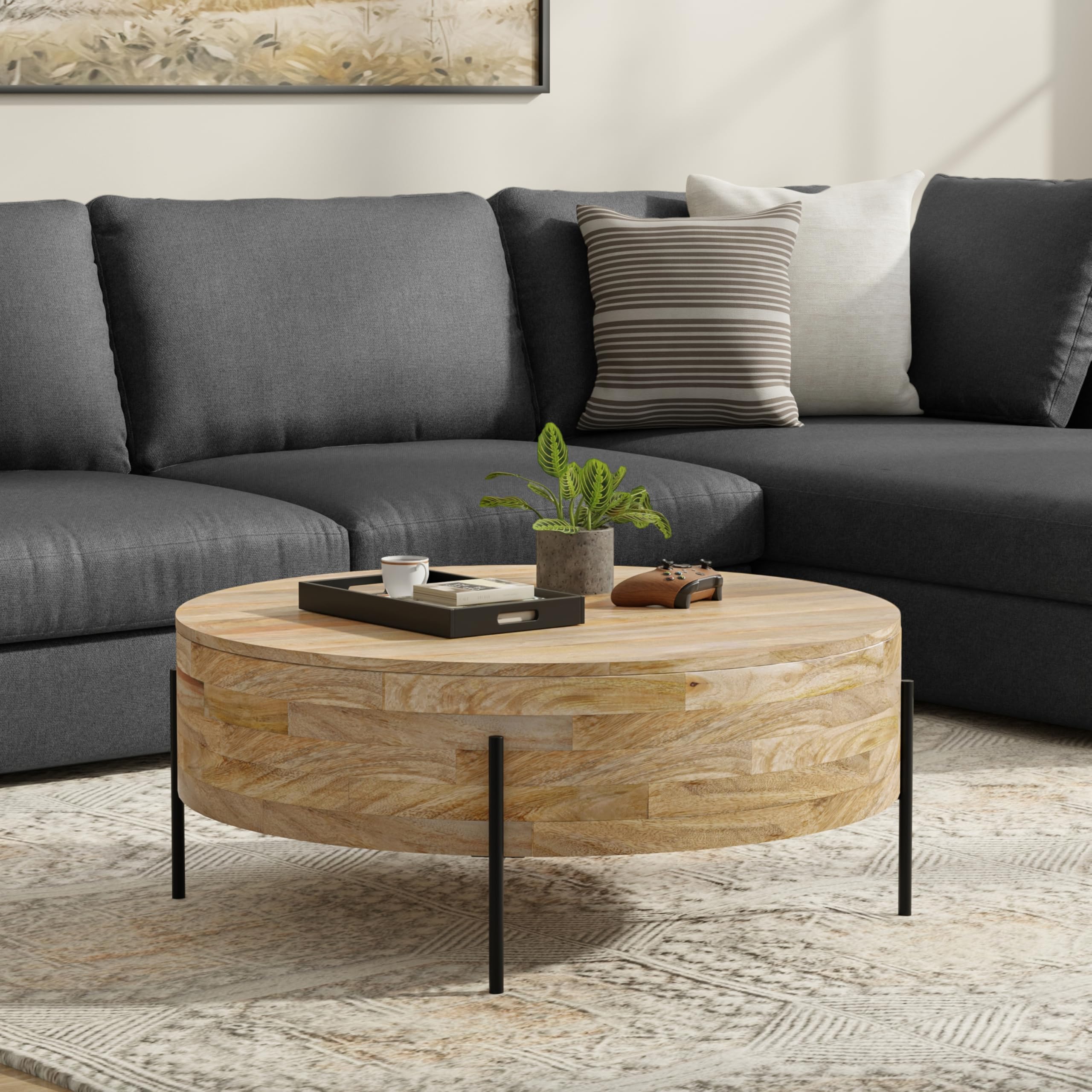 Round Drum Coffee Table – Solid Mango Wood with Black Metal Legs