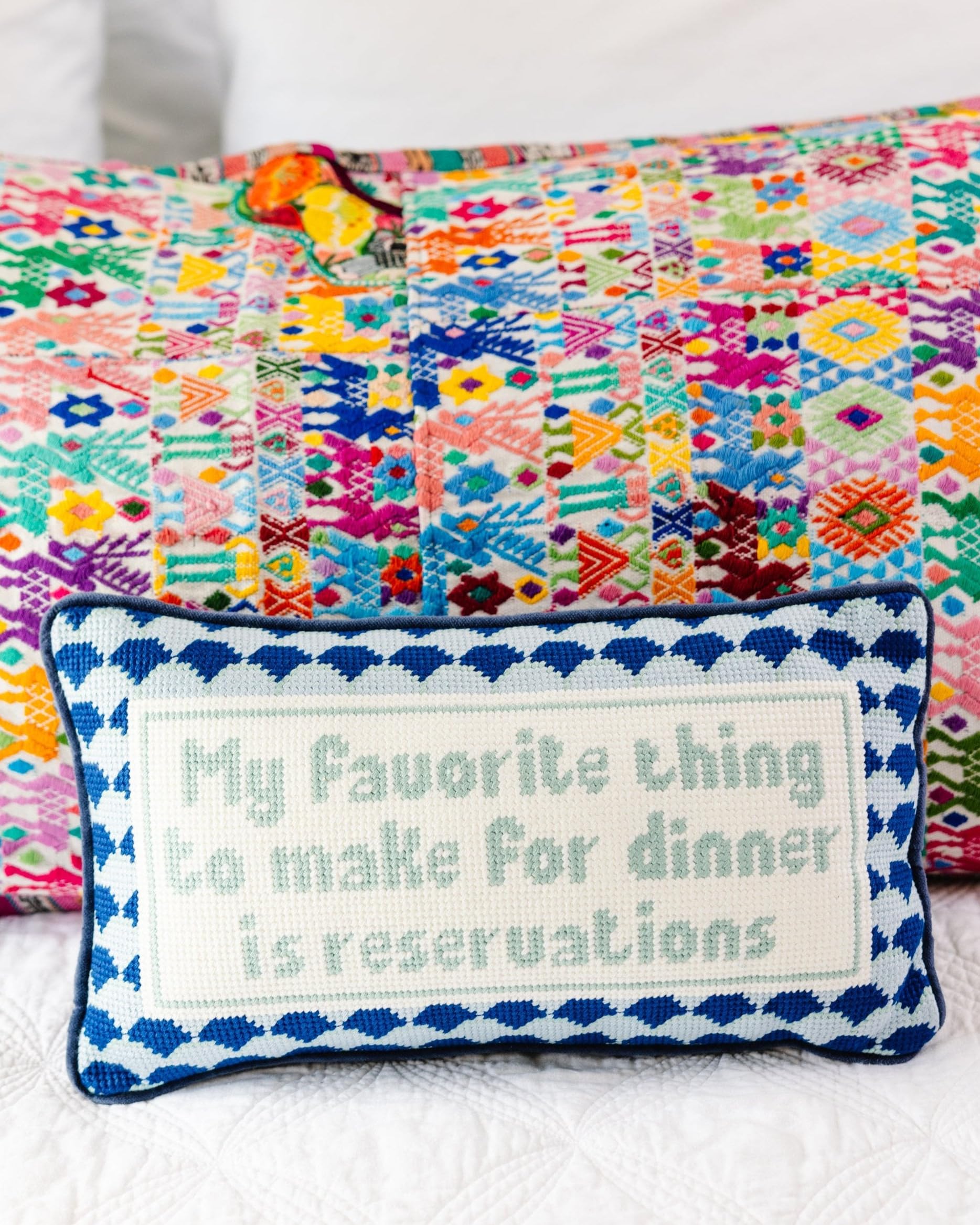FURBISH Needlepoint Decorative Throw Pillow - with Reservations - 8" x 14" - Small Embroidered Accent Pillow for Bed, Chair, Couch, Sofa - Eclectic Home Decor