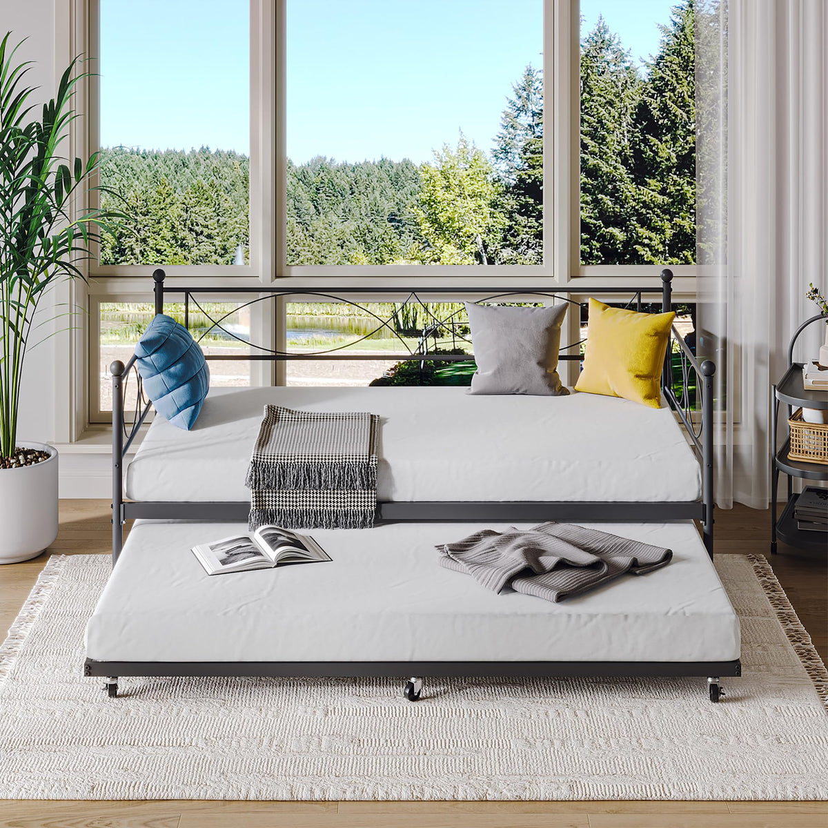 IDEALHOUSE Metal Twin daybed with Trundle with Steel Slat Support