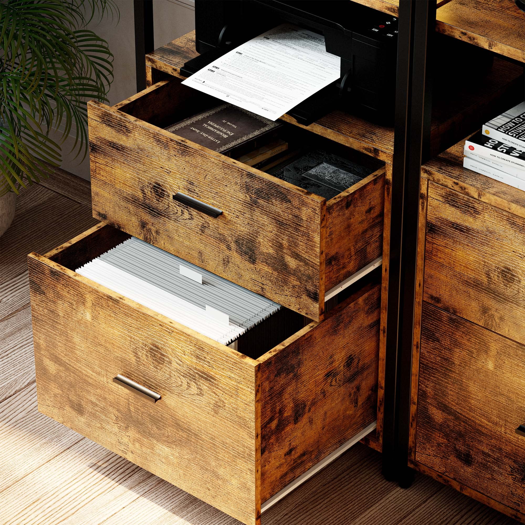 5-Tier Industrial Bookcase with File Cabinet Drawers