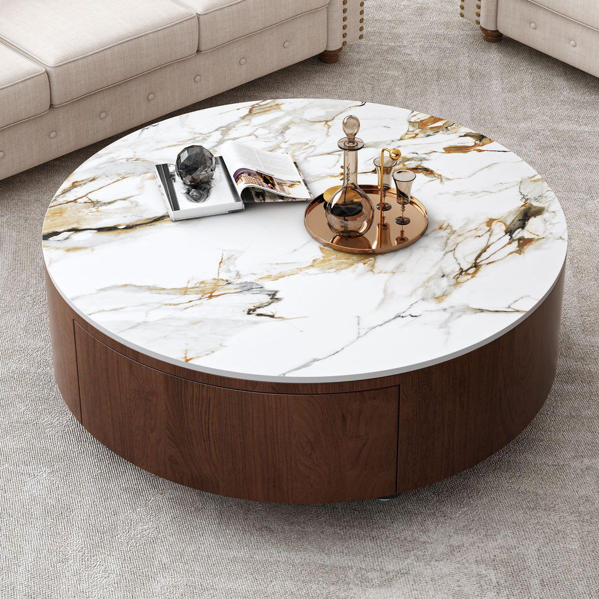 Round Stone Coffee Table with Drawers