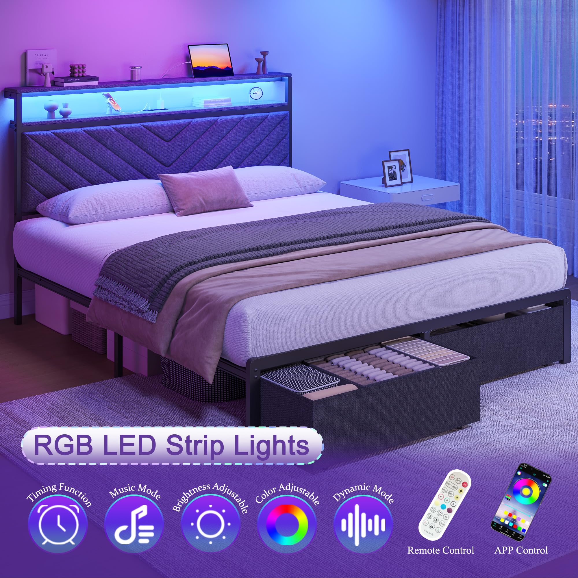 Upholstered Bed Frame with Storage Drawers, Charging Headboard & LED Lights
