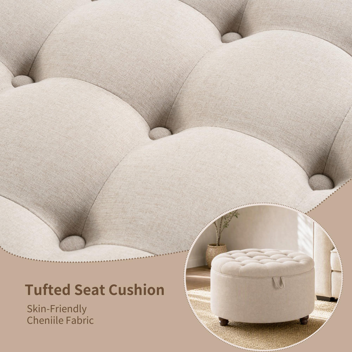 Round Chenille Storage Ottoman