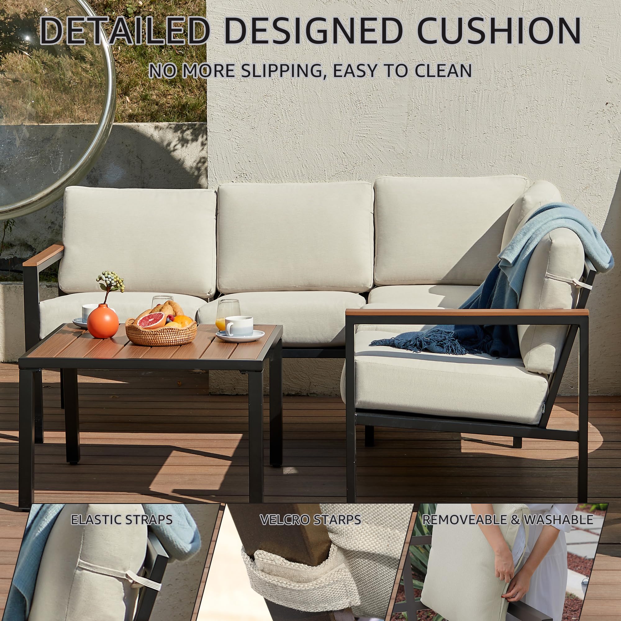 6-Piece L-Shaped Patio Sectional Set with Faux Wood Armrests & Cushions