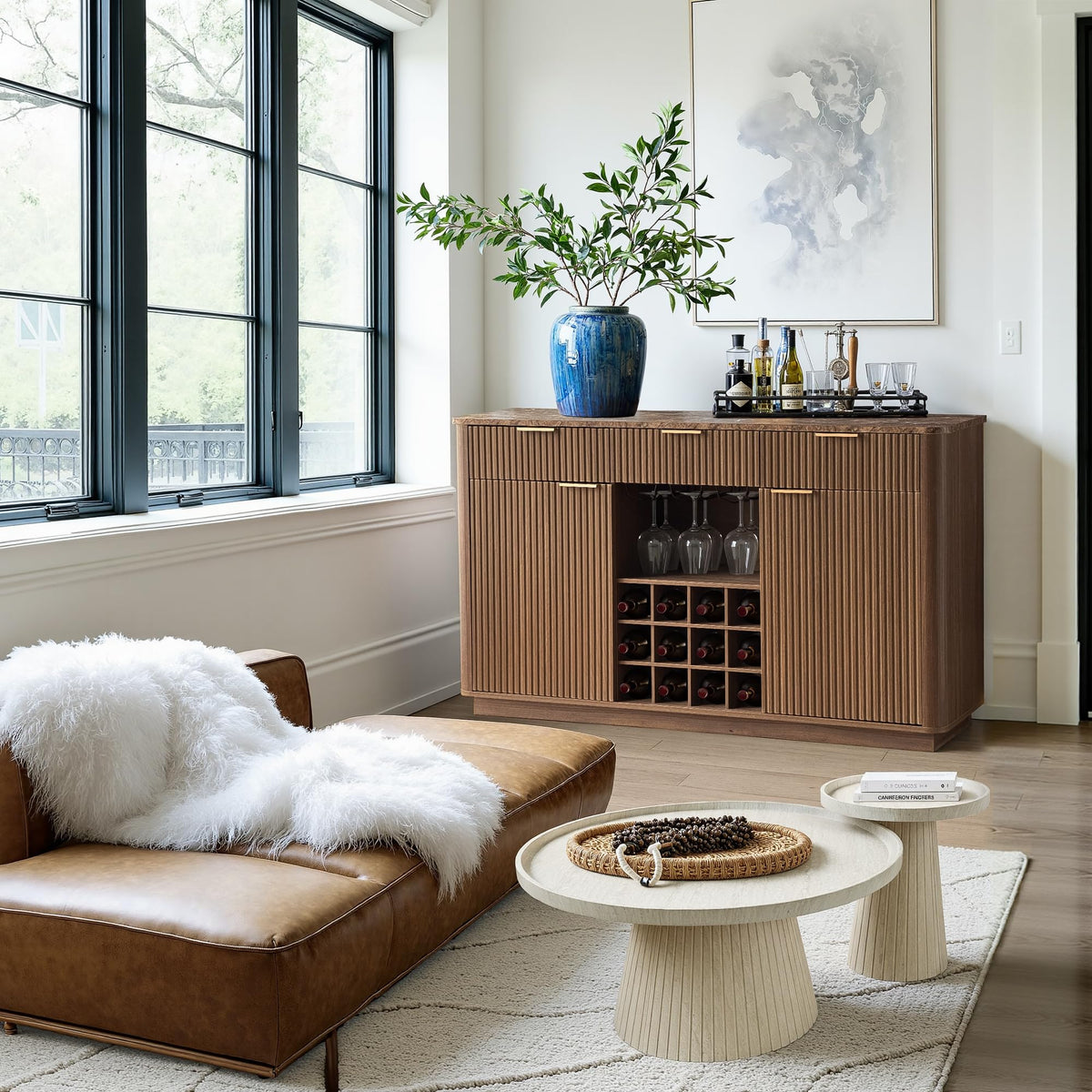 WIN2WIN 59" Fluted Sideboard, Wine Bar Cabinet with Faux Marble Top, Walnut