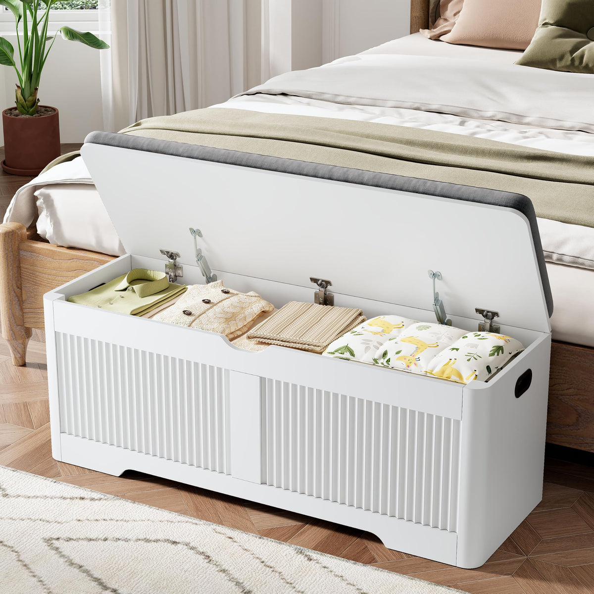 47.3"W Fluted Storage Chest with Padded Seat Cushion, Curved Profile, White