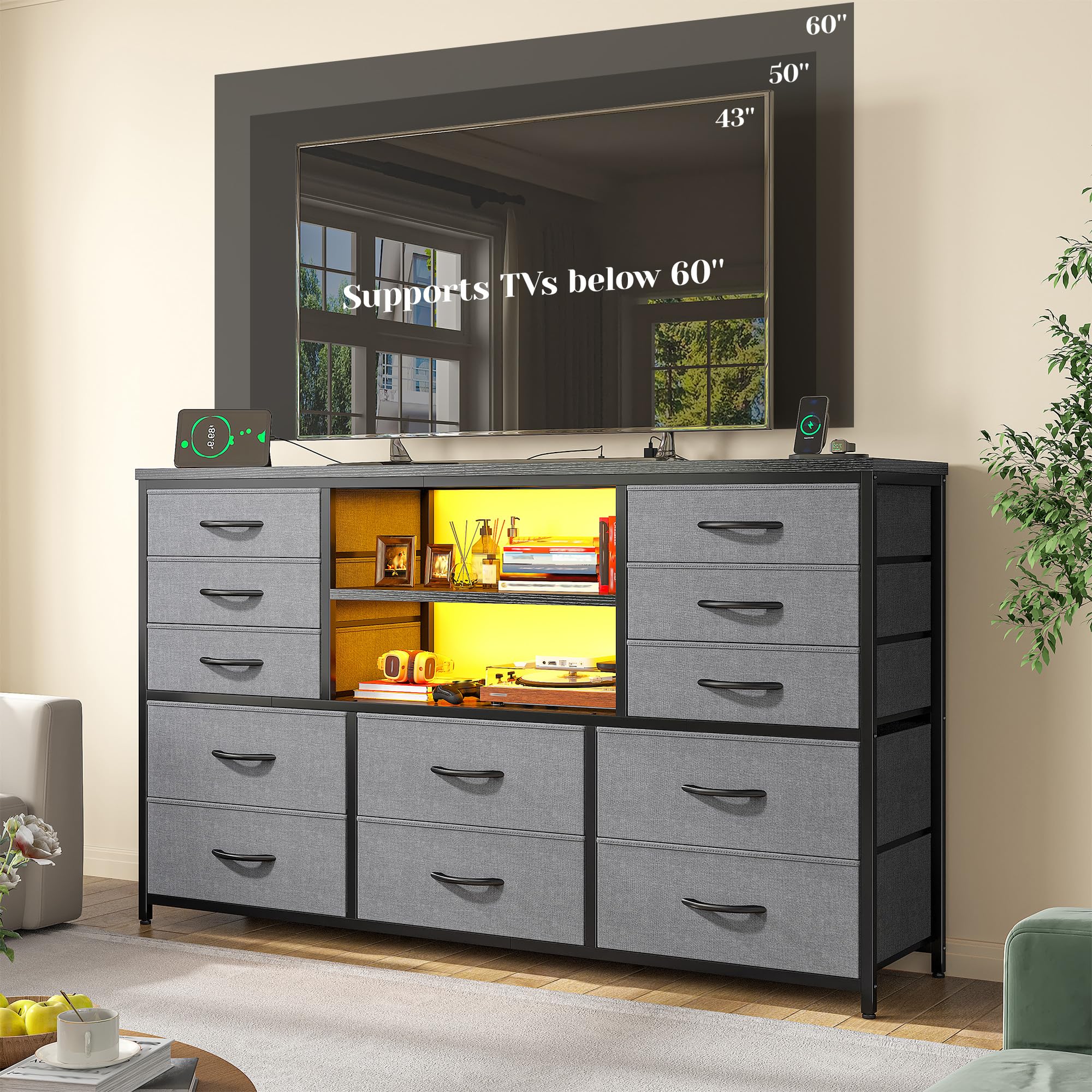 EnHomee 12 Drawers Dresser for Bedroom with LED Lights & Charging Station, TV Stands for 55/60'' TV, Fabric Dressers & Chests of Drawers with 3 Wooden Shelves for Hallway,Sturdy,Grey