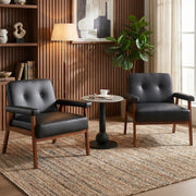 JIASTING Accent Chairs Set of 2, Black Leather Chairs with Solid Wood Frame, Tufted Small Mid-Century Modern Wooden Arm Chair, Comfy Office Reading Armchair for Living Room, Bedroom (2)