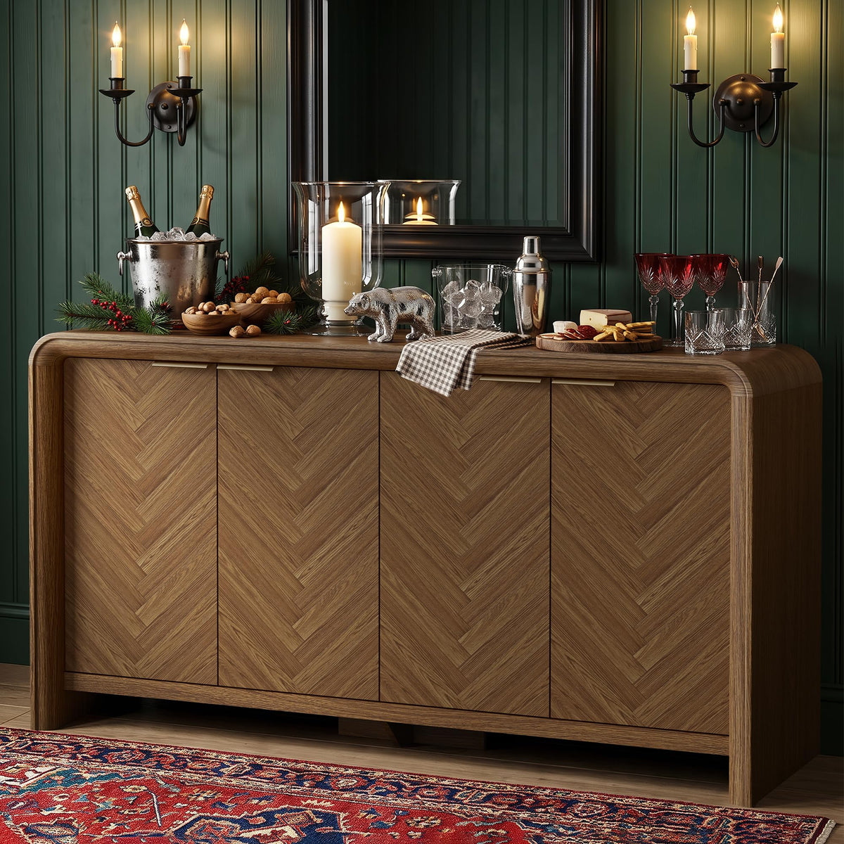 55" Buffet Cabinet with Storage, Herringbone Sideboard Cabinet, Walnut