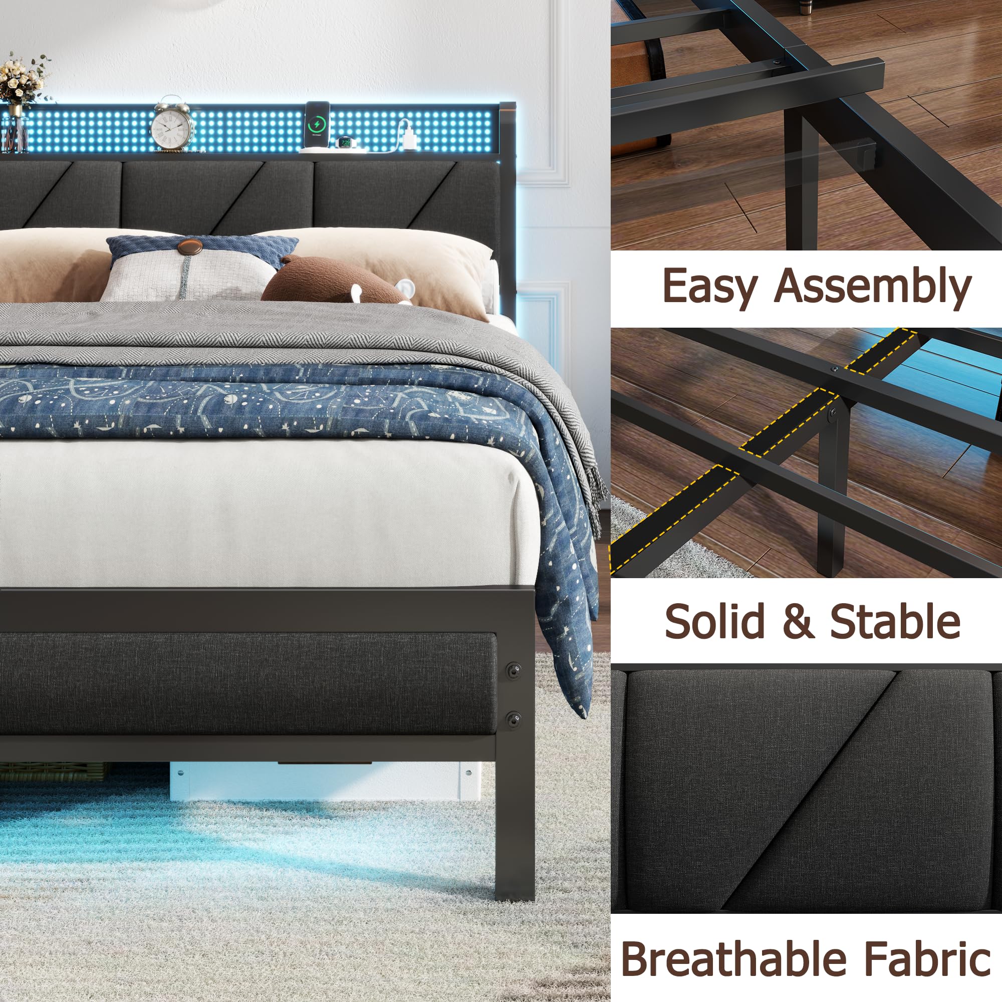 Platform Bed Frame with LED Headboard & Charging Station