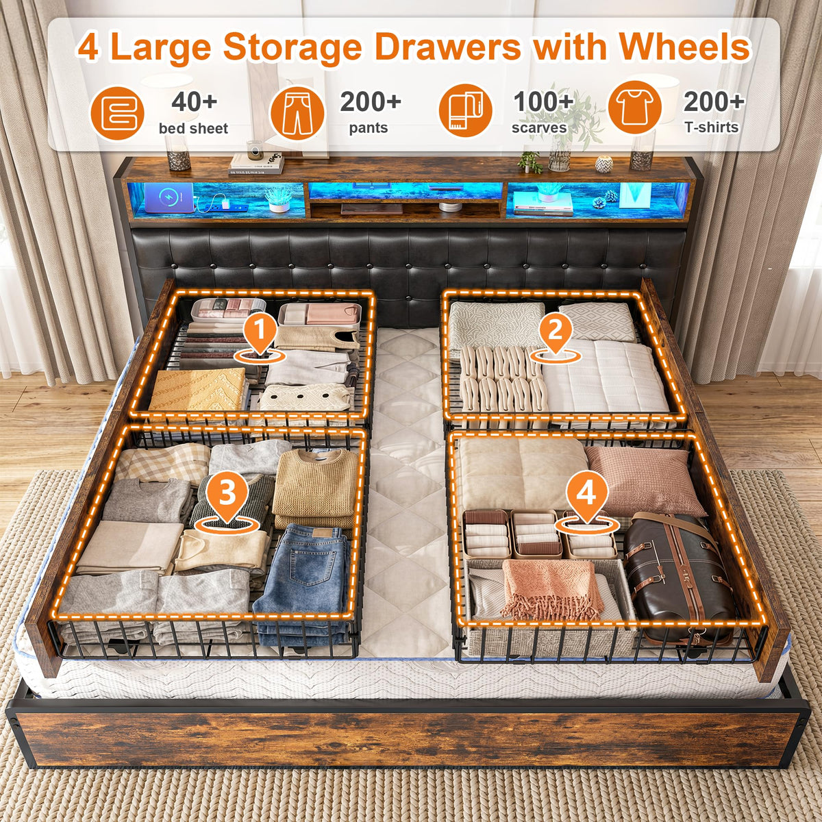 EnHomee King Bed Frame with 4 Drawers, Charge Station & LED Lights