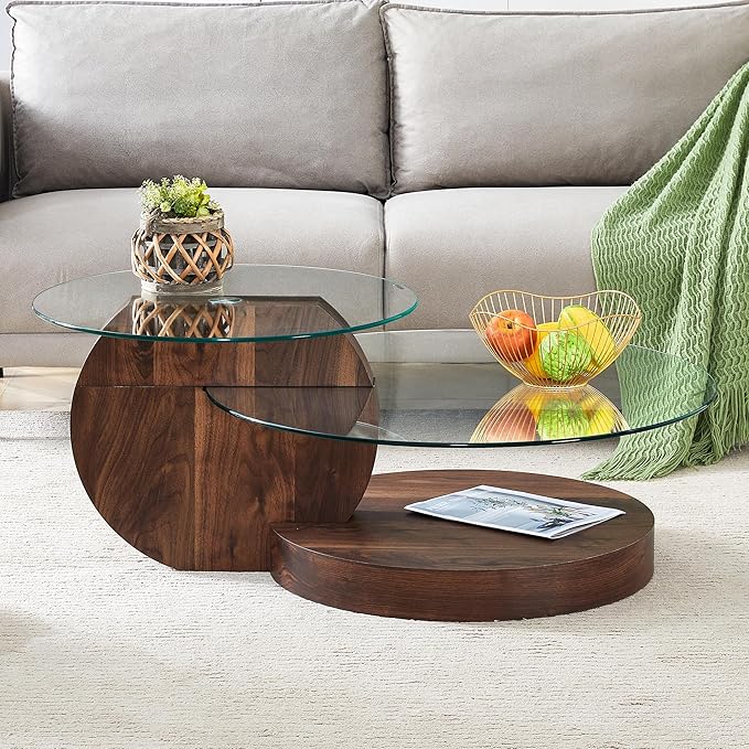 Round Glass Coffee Table with Wood Base & 3-Tier Storage