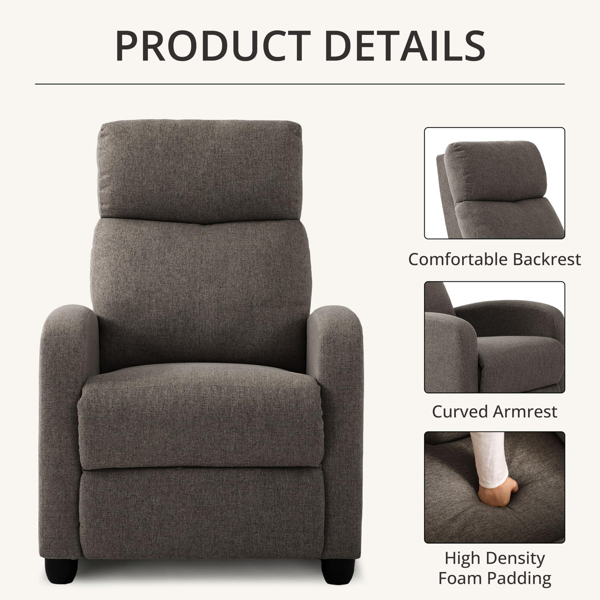 Gray Linen Push-Back Recliner